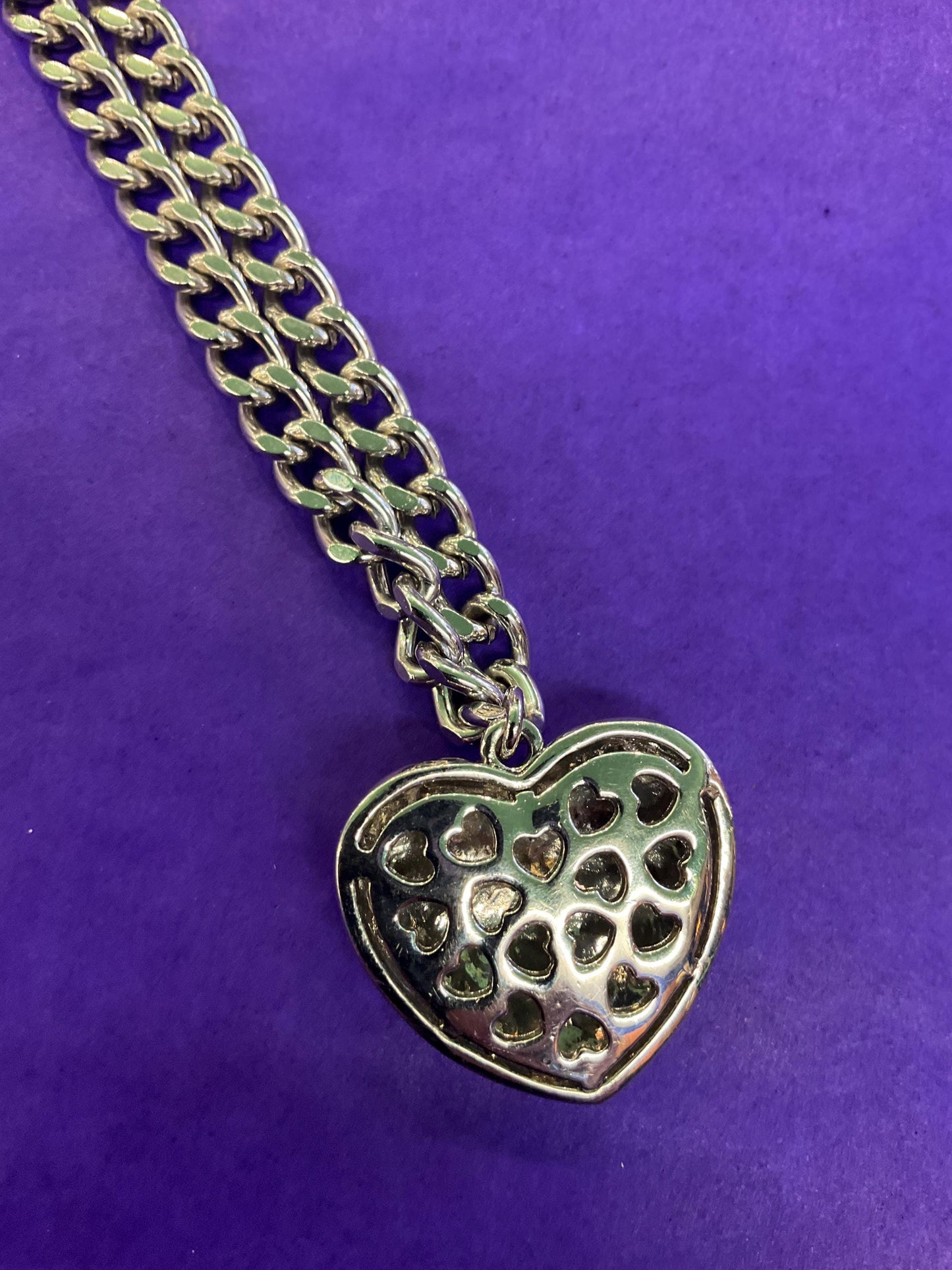 vintage Butler and Wilson floral heart pendant, silver tone metal with multicoloured enamel and borealis rhinestones.