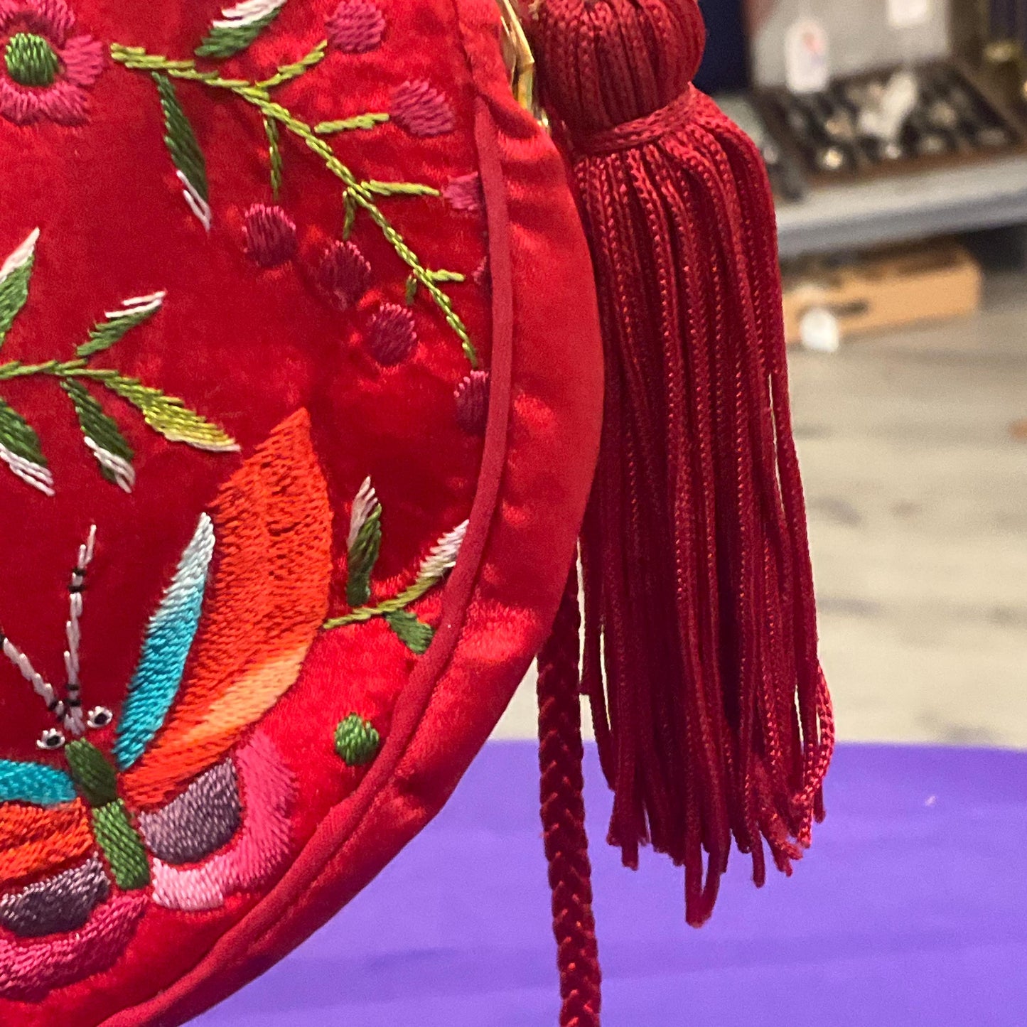 Vintage Red Silk and floral Embroidery evening Shoulder Bag, Circular shape with side tassels