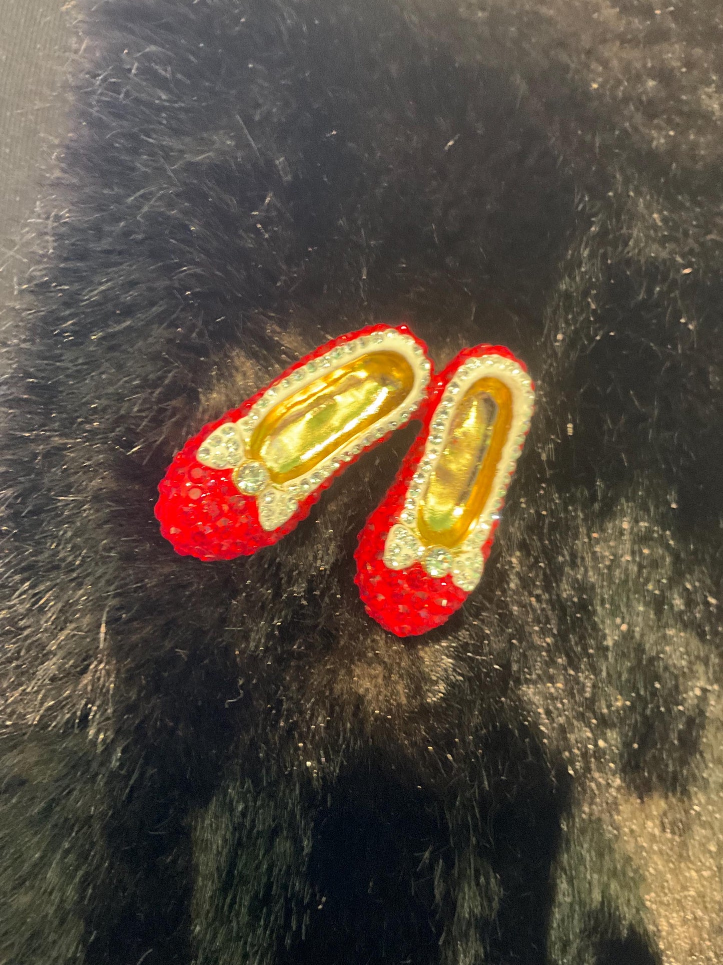 Vintage Butler and Wilson Crystal Dorothy Shoes large brooch in gold tone metal, red and silver rhinestones