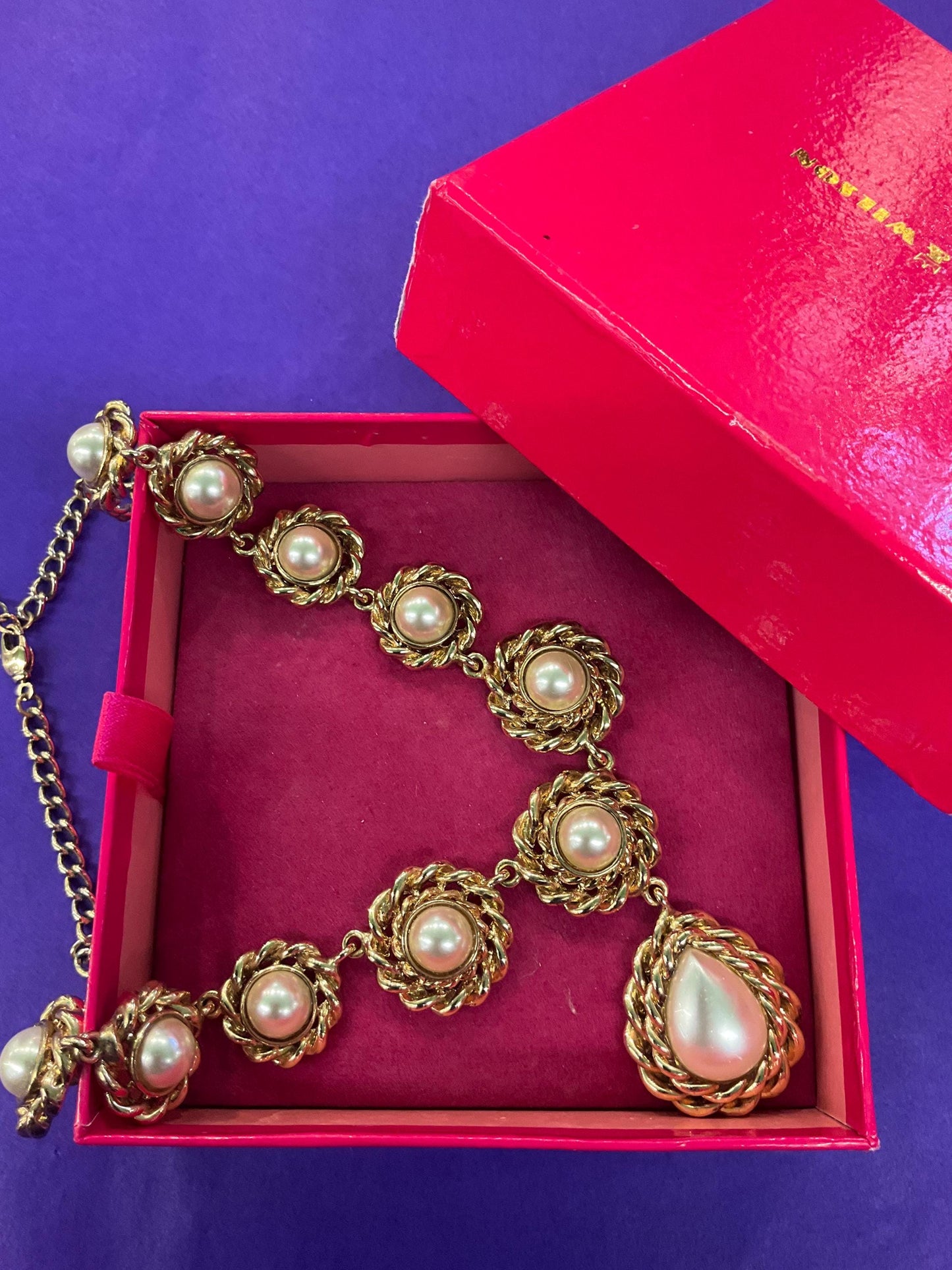 Vintage Butler and Wilson Statement Regency style gold tone faux pearl Y drop necklace