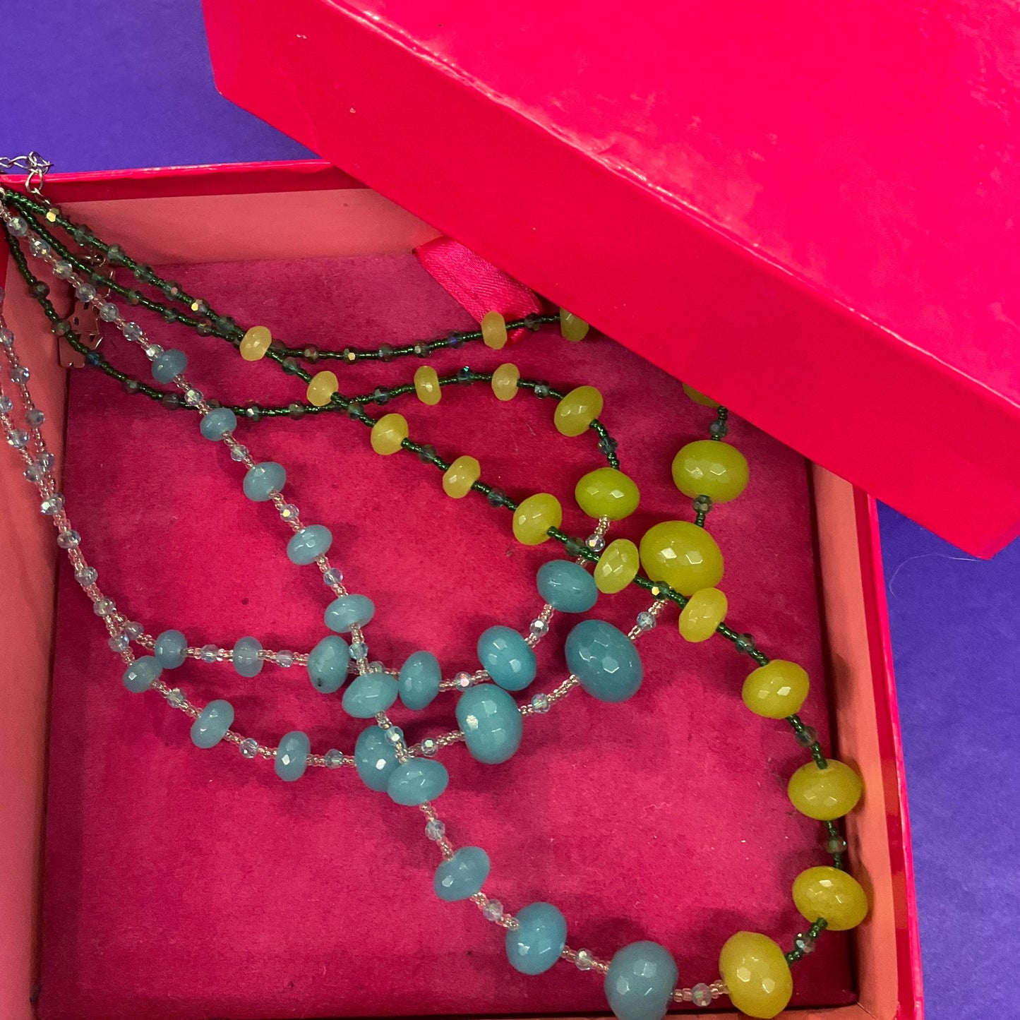 Vintage Butler and Wilson Statement Blue and Green Milk Glass Crystal Beaded Necklace