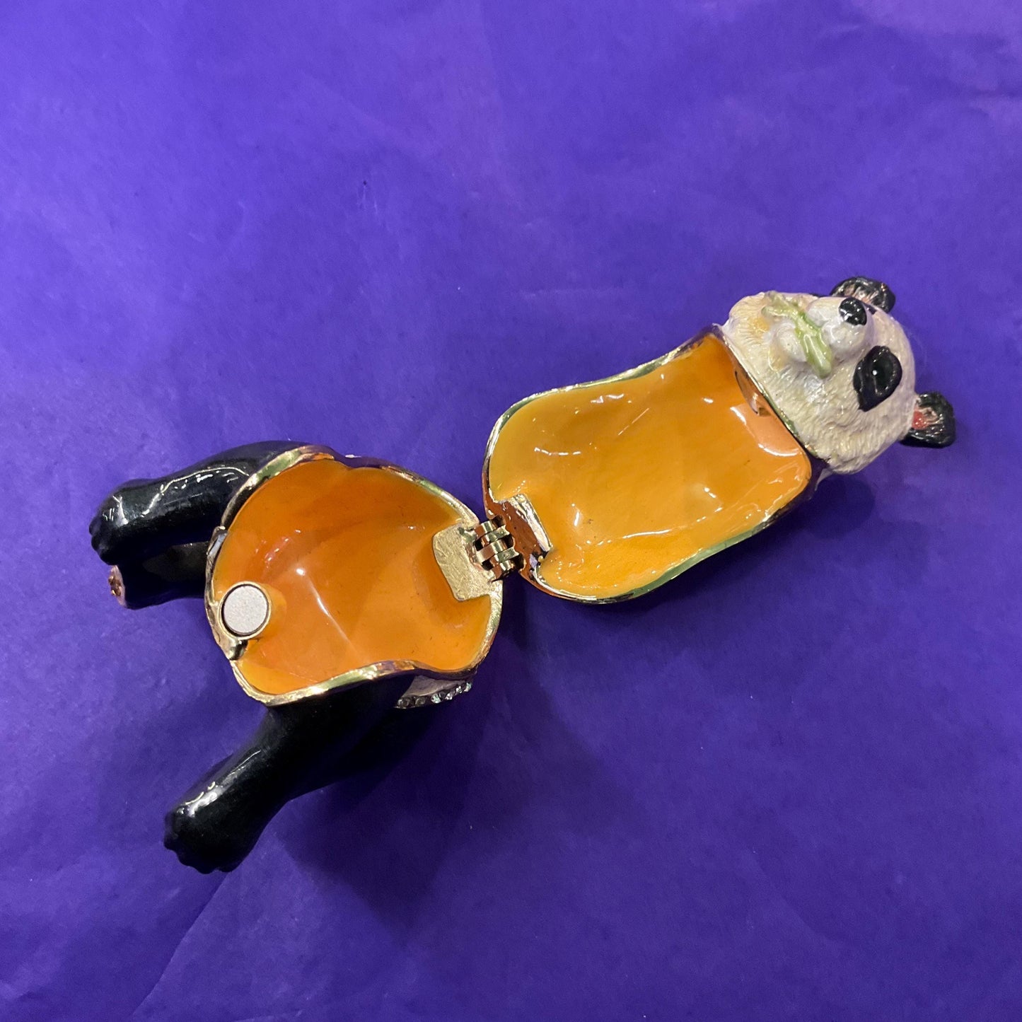 Vintage Faberge Style Panda Trinket Box, Glossy Enamel and Gold tone Rhinestones