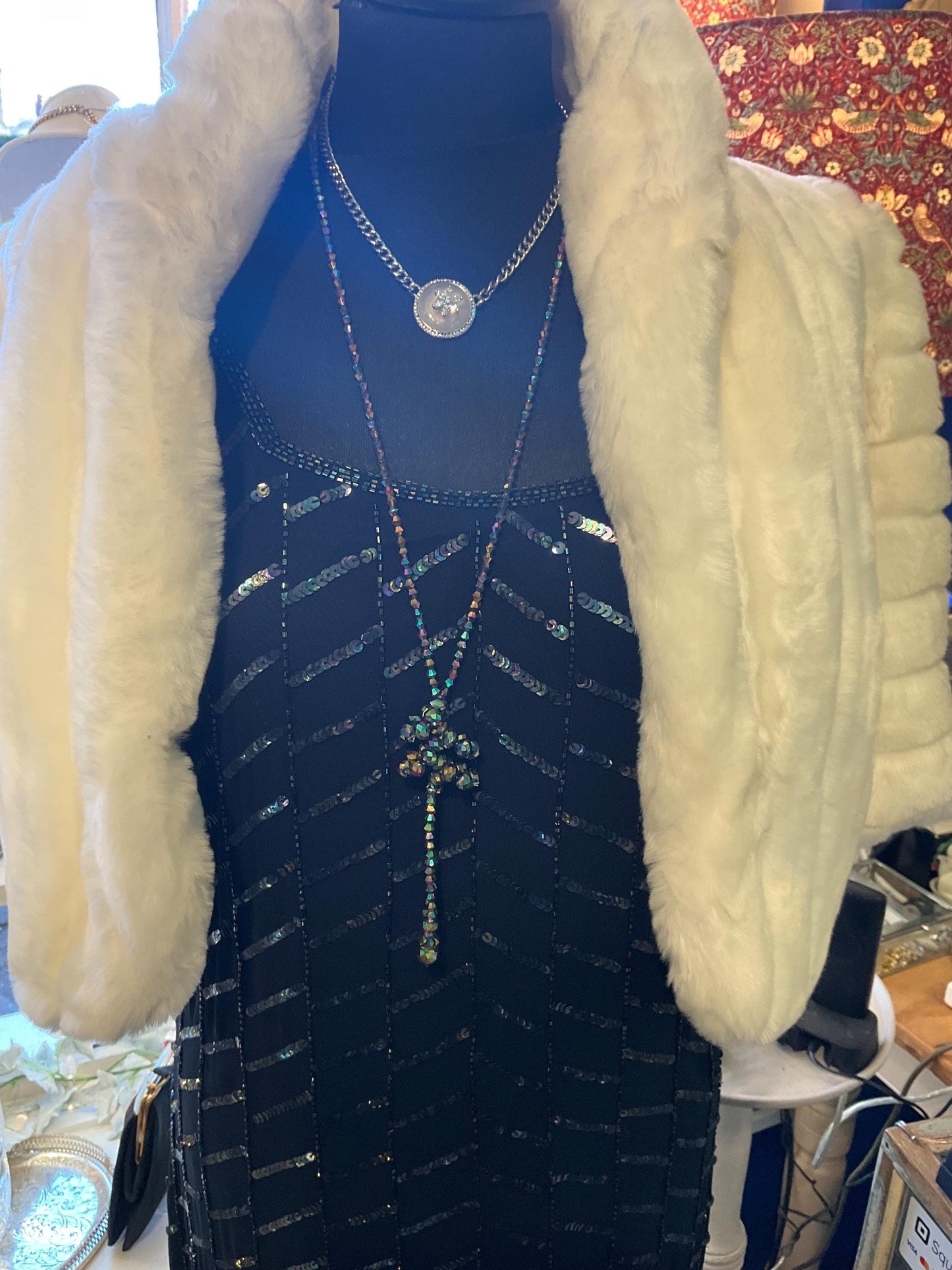vintage Butler and Wilson crystal Art deco style necklace, silver tone with clear donut crystal, silver and aroura borealis rhinestones.