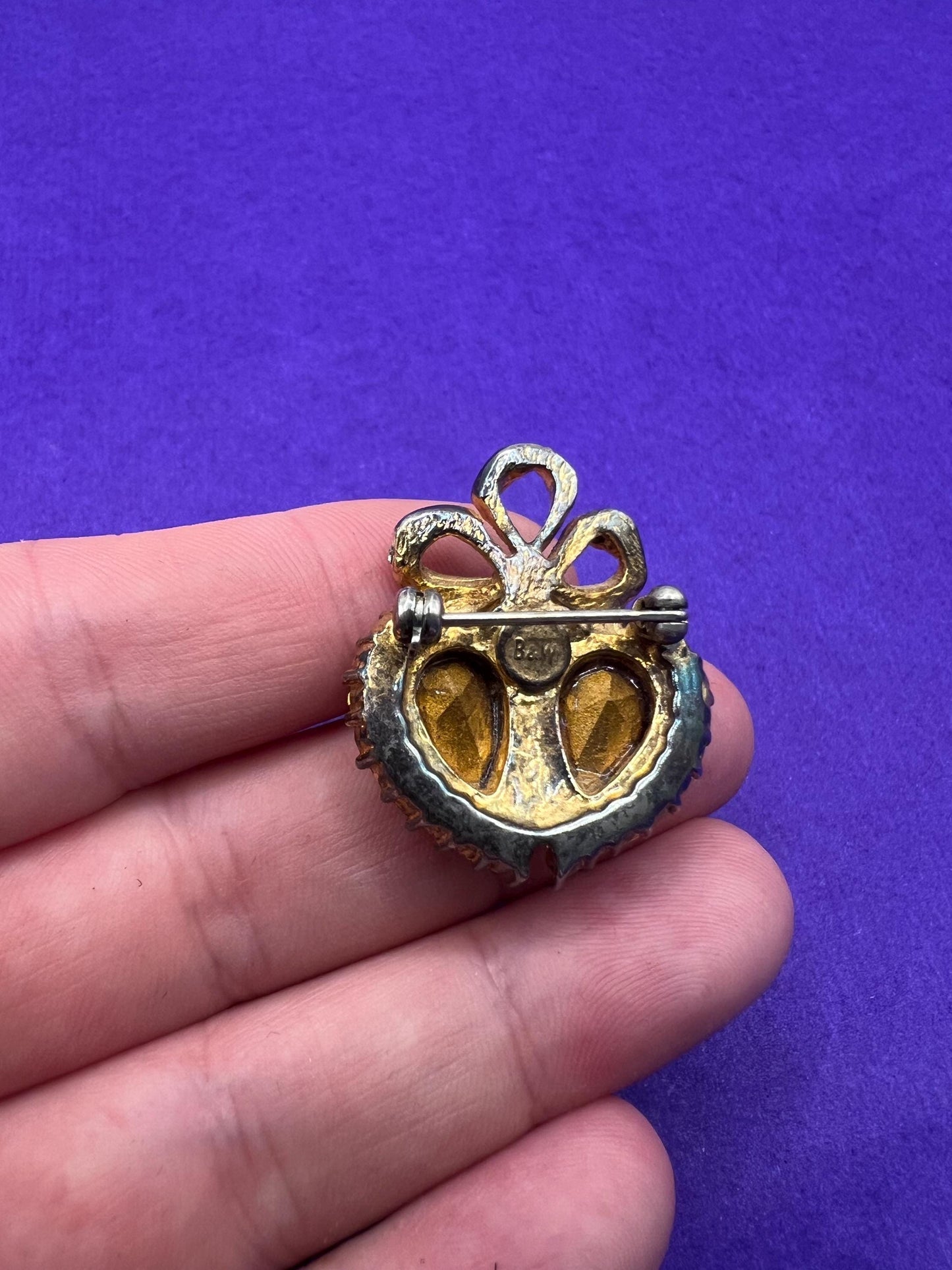 Vintage Butler and Wilson Small Silver Crystal Heart Brooch / Lapel Pin. Gold tone with silver crystals and rhinestones