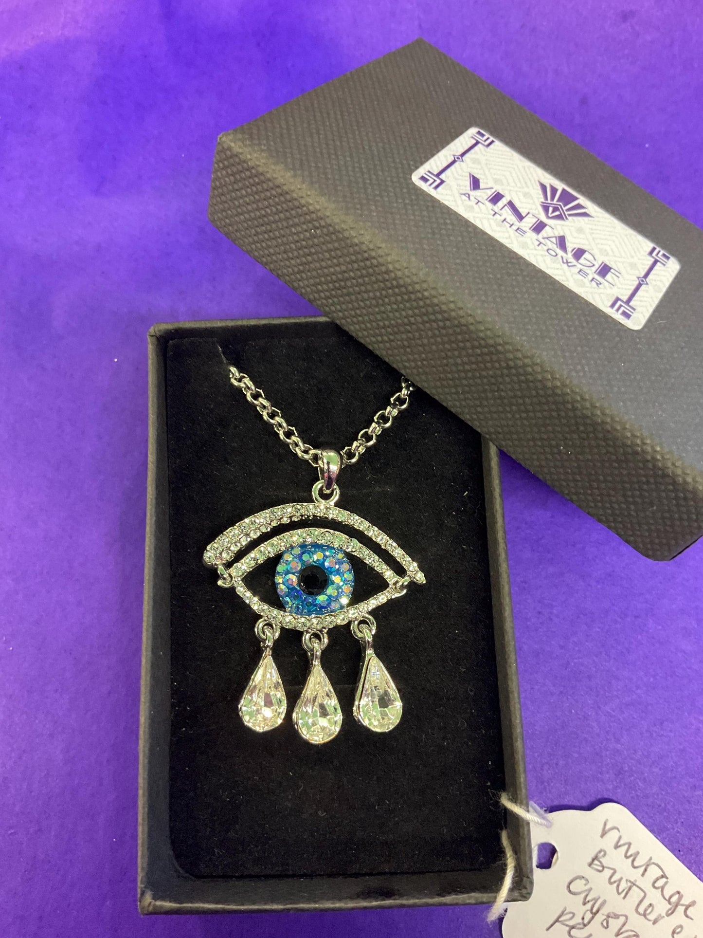 Vintage Butler and Wilson Crystal Eye Pendant Necklace, silver tone with crystals