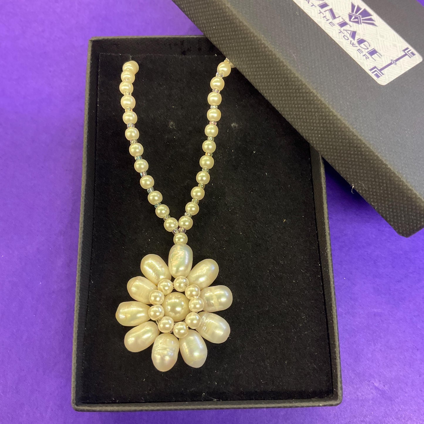 Vintage Butler and Wilson Oyster Coloured Fresh Water Pearl Floral Necklace, signed as new
