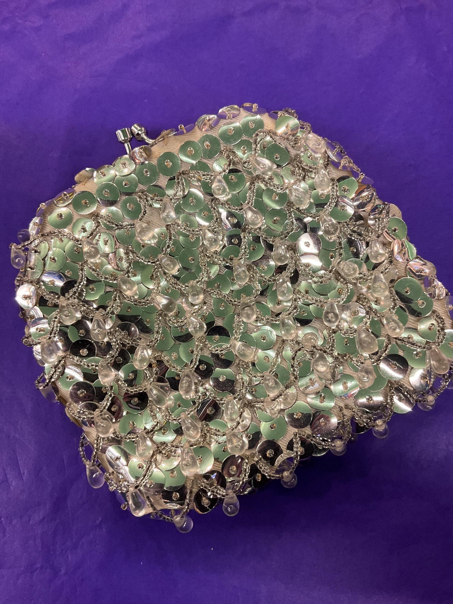 Vintage 1960s Silver Sequinned Satin Evening Bag , Clutch or Shoulder, looped fringes and tassels