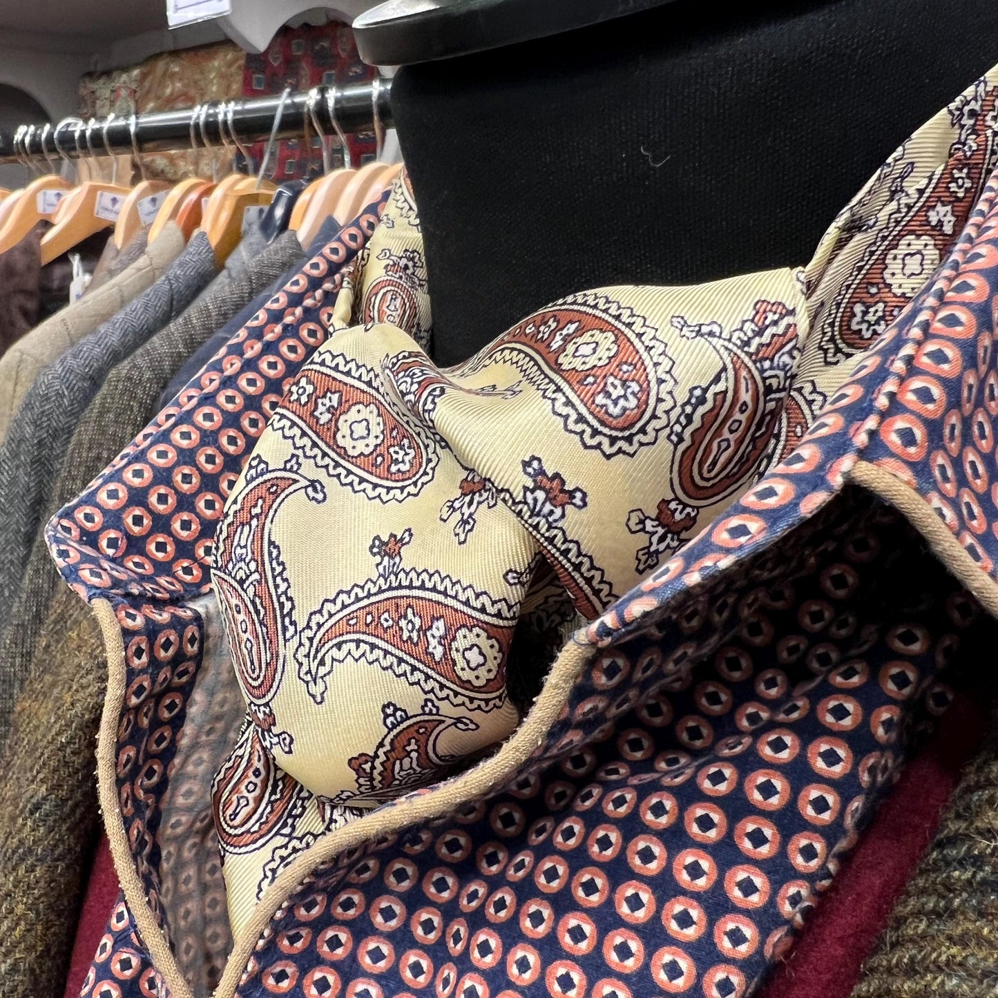 Vintage 1960s SAMMY Rayon Paisley Cravat, Brown and Black onto Pale Gold background - Sustainable Fashion and Gift