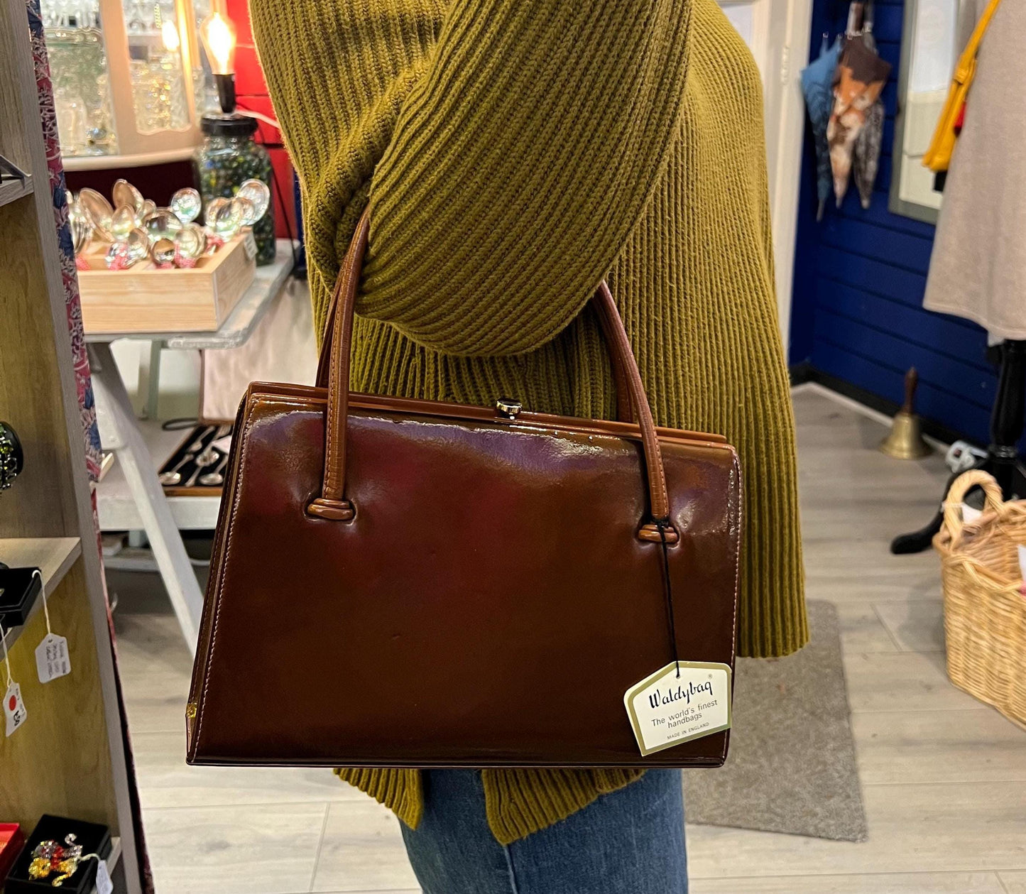 Vintage 1960s Large Chestnut Brown Patent Leather Kelly Style Bag by WALDYBAG, in original box. Sustainable Fashion and Gift