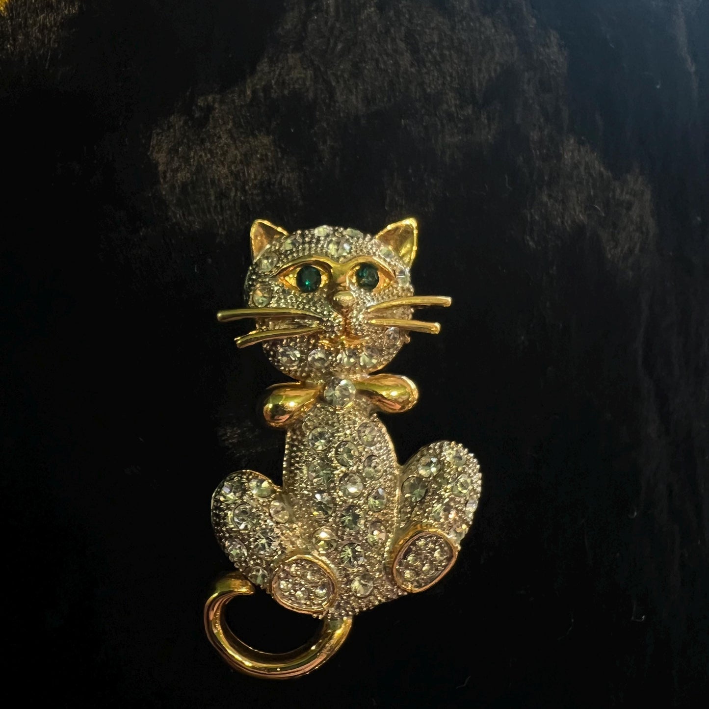 Vintage 1980s Crystal Cat Brooch, Gold Tone and Crystal, as new in a gift box