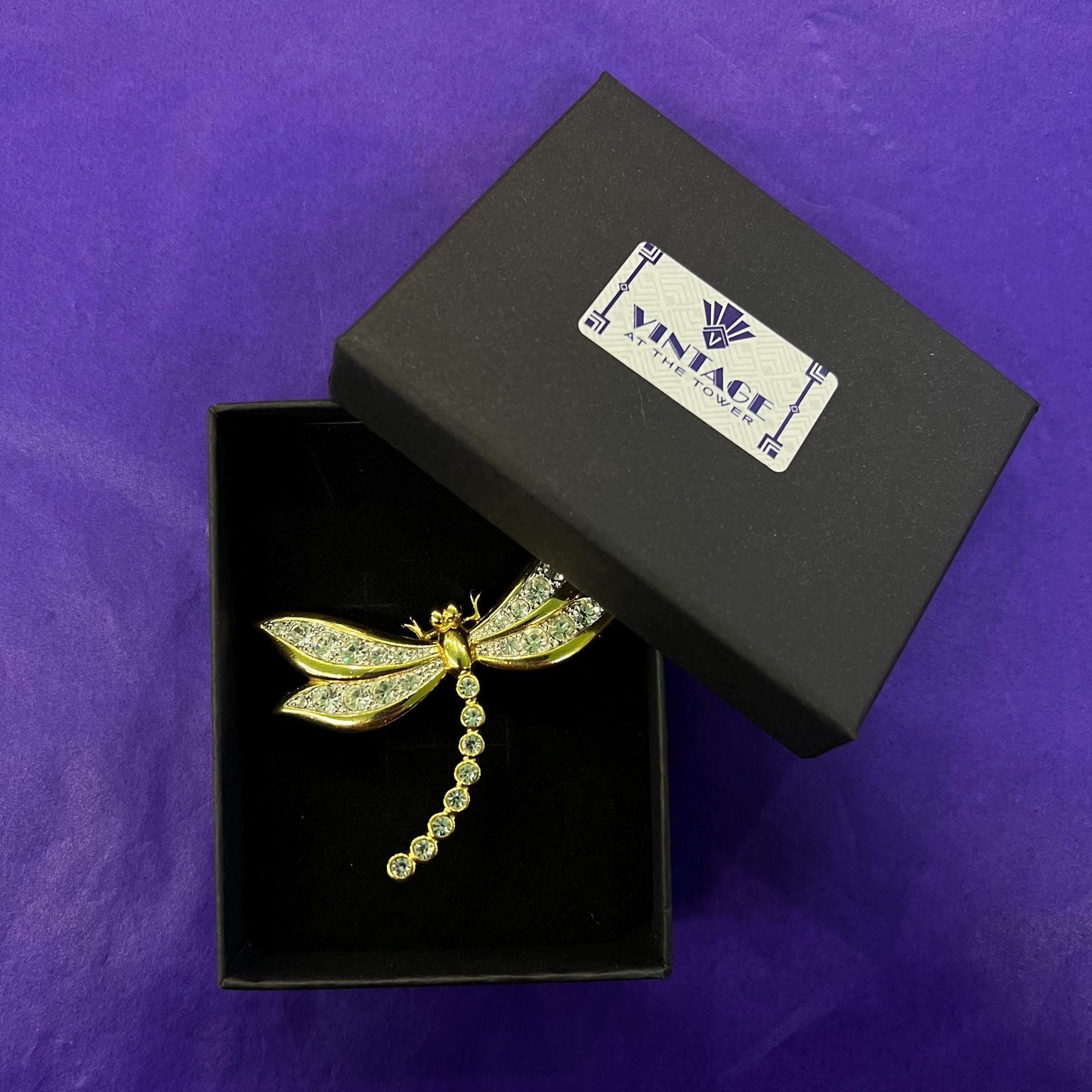 Vintage 1980s Large Crystal Dragonfly Brooch, gold tone with crystals