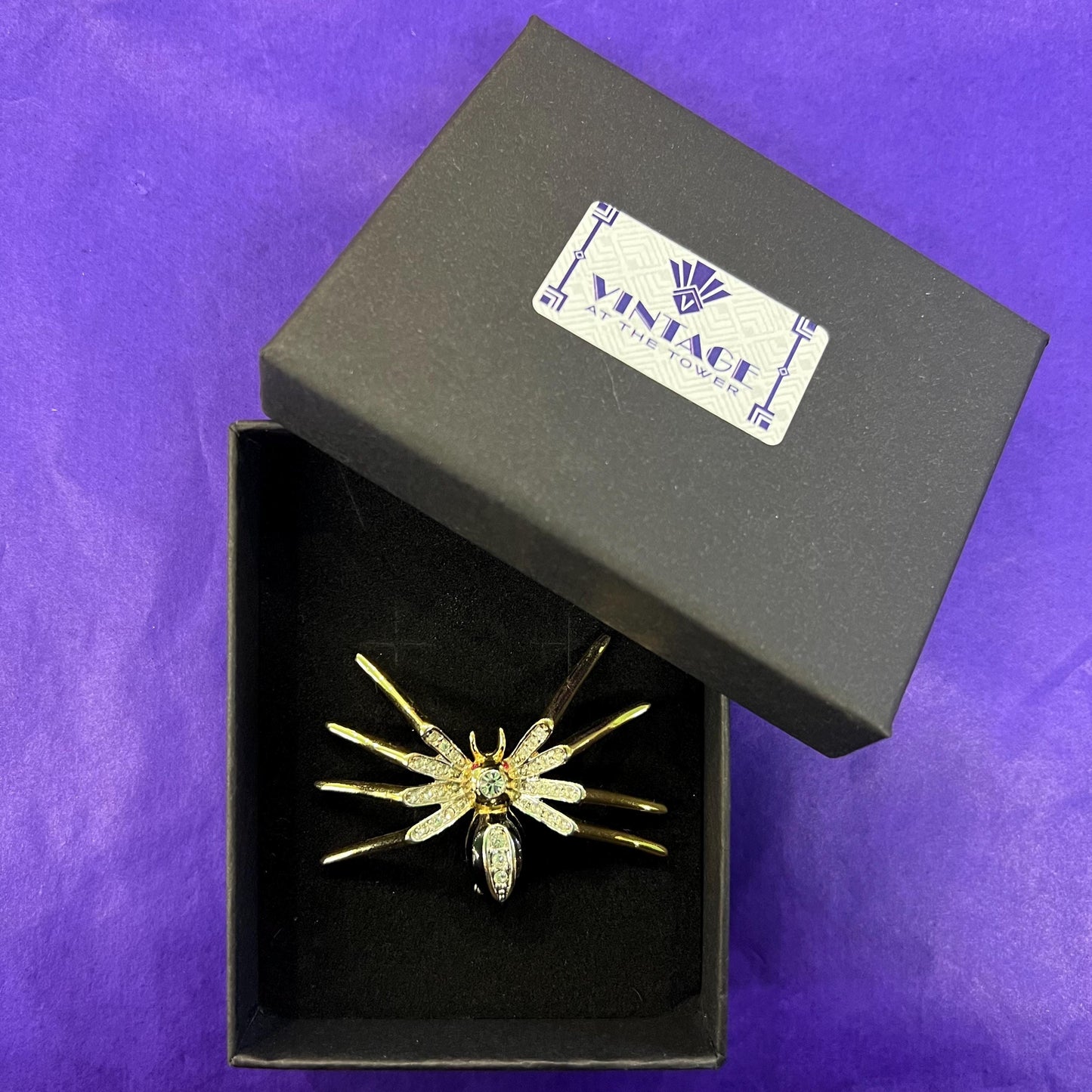 Vintage 1980s Crystal Spider Brooch, gold tone with enamel and crystal