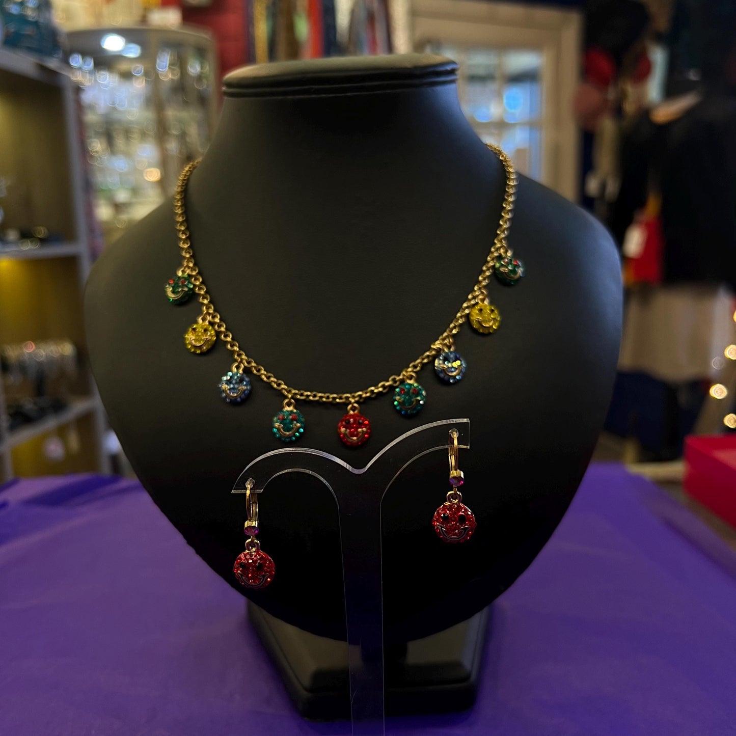 Vintage Butler and Wilson Rainbow Crystal Smiley Face Necklace and Earring Set, Gold tone with crystals