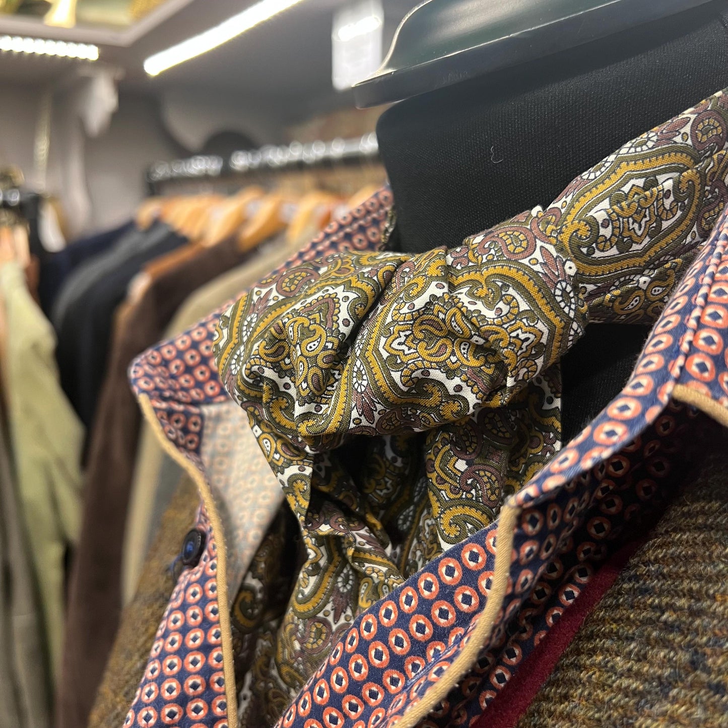 Vintage 1970s Gents Traditional Cotton Paisley Cravat in Gold, Brown, Green on a White Background - Sustainable Fashion and Gift