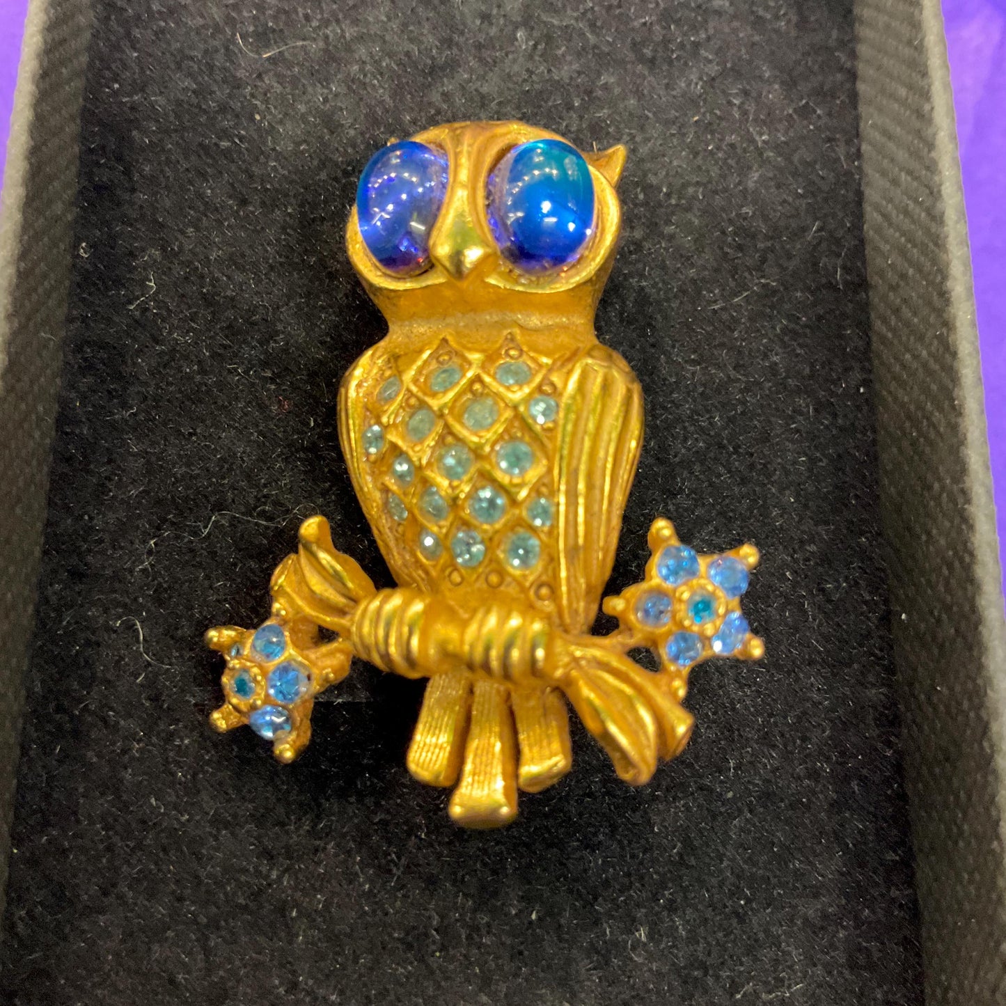Vintage Butler and Wilson Crystal Owl Brooch, Gold Tone with iridescent blue rhinestones