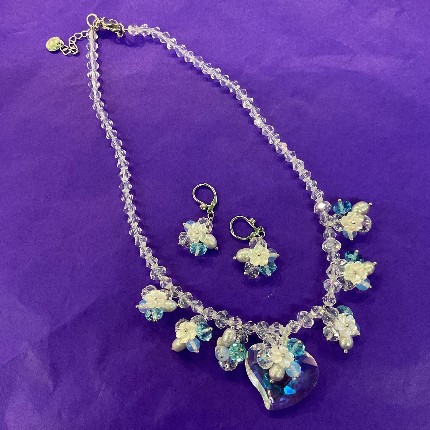 Vintage Butler and Wilson Crystal and Freshwater Pearl Floral Drop Earrings, Silver Tone with Turquoise and Rock Crystal