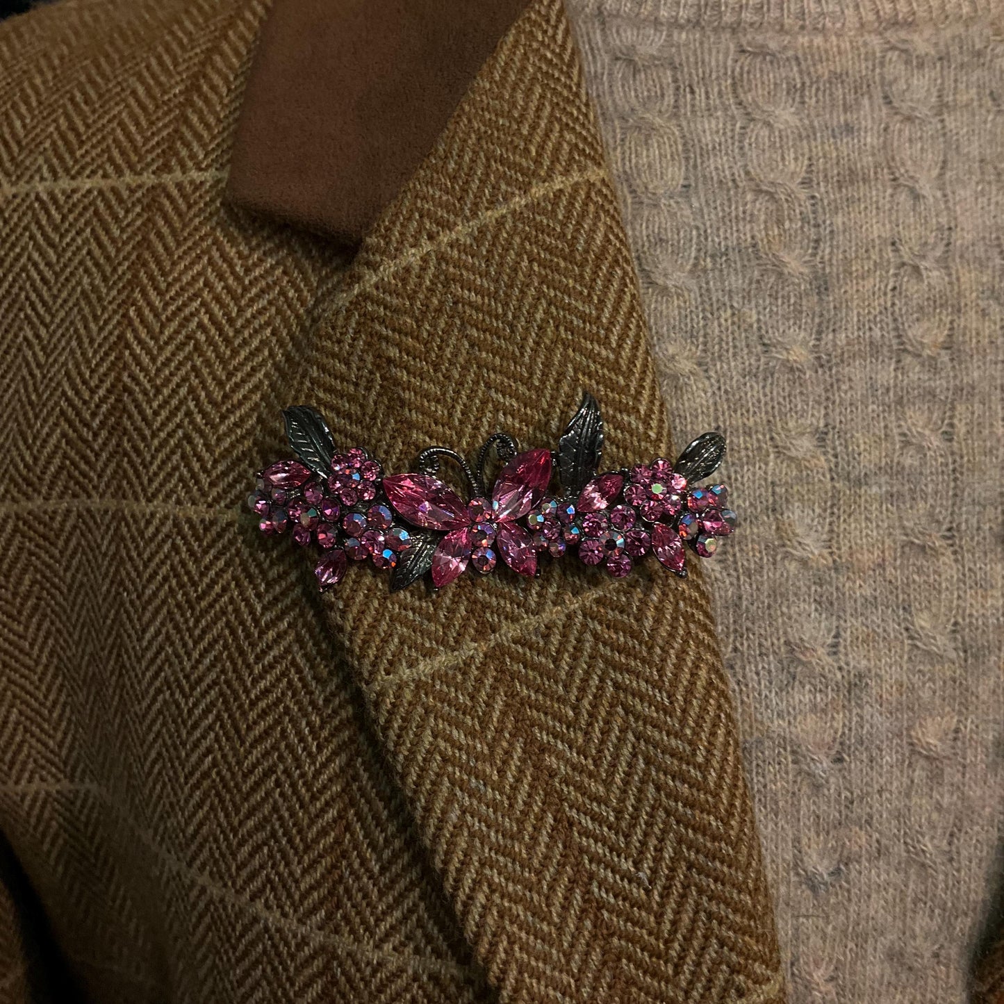 Vintage Butler and Wilson Pink Crystal Butterfly and Flwers Bar Brooch, Pewter tone with pink and Borealis Rhinestones