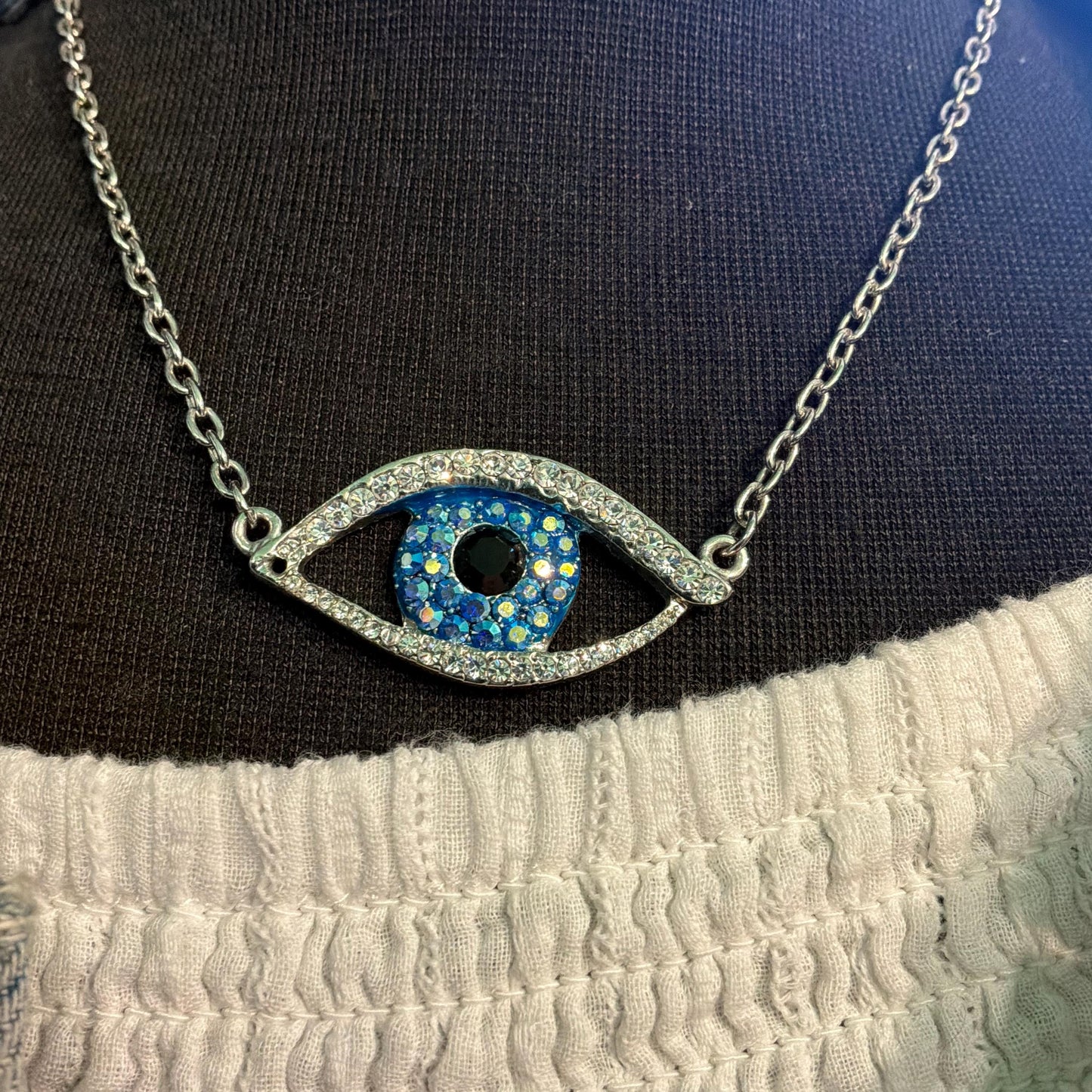 Vintage Butler and Wilson Crystal Eye Pendant, Silver Tone with Silver, Blue, and Black Crystals