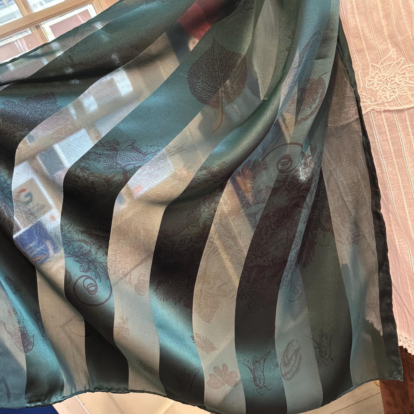 Vintage Silk Scarf by English Eccentrics for Liberty of London , Large Rectangular Silk Devore Scarf in Deep Green with Sea Shells Print