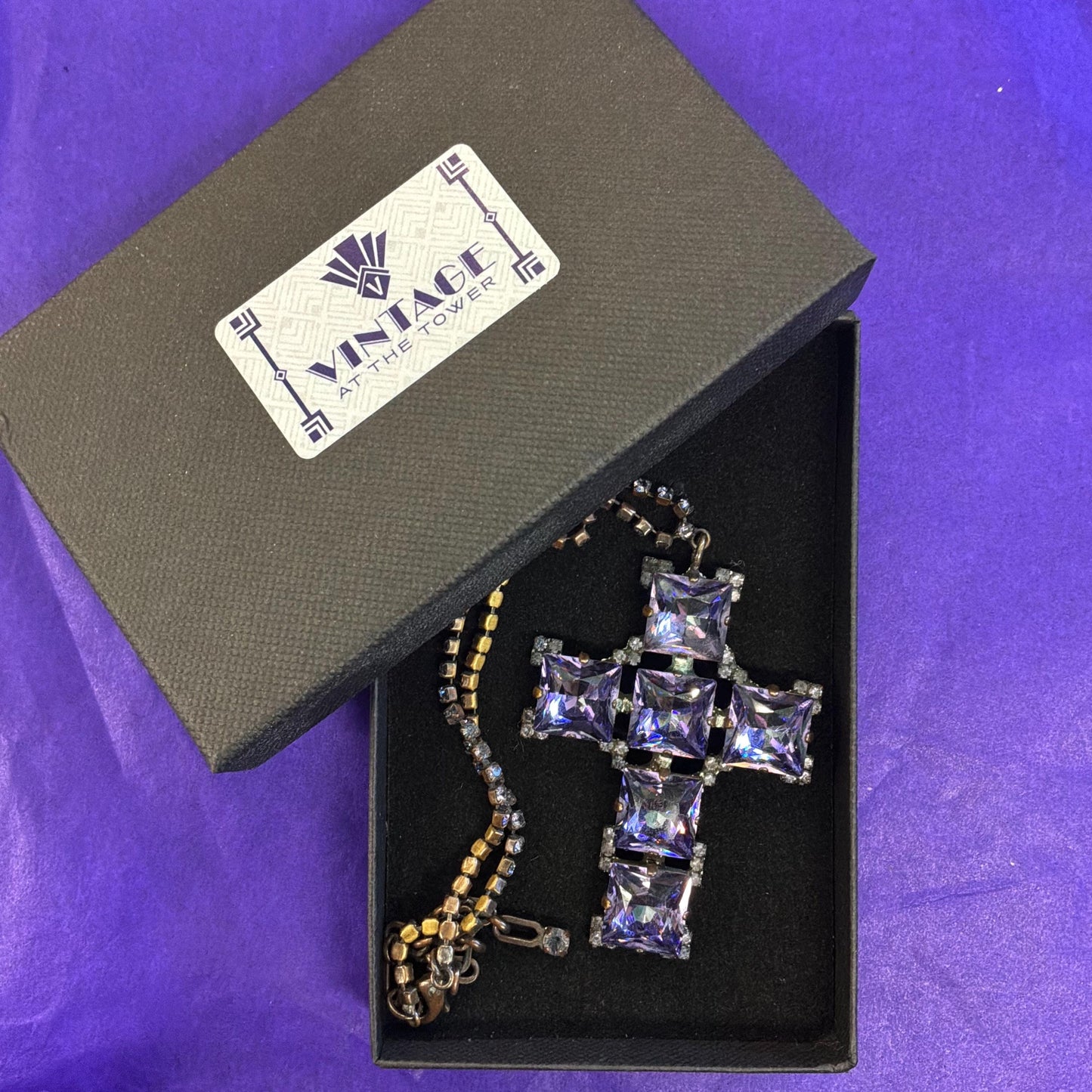 Vintage Butler and Wilson Purple Crystal Cross Pendant Necklace, Old Gold Tone, Signed in Original Box