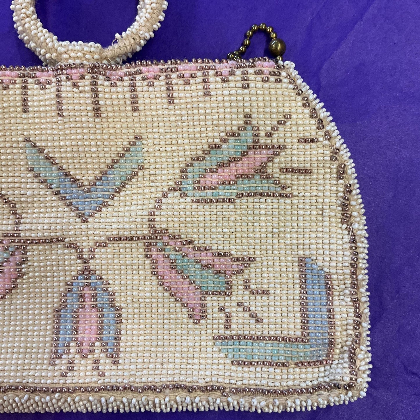 Antique Art Deco Tulip Beaded Evening Bag with Loop Handle, Ivory with rose gold, pale aqua and pink seed beads