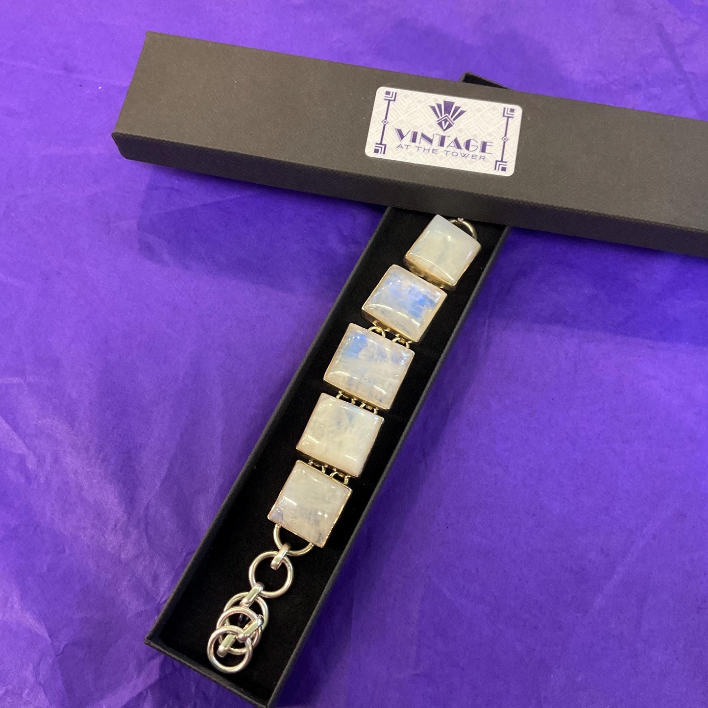 Vintage Silver and Moonstone Artisan Made Chunky T Bar Panel Bracelet, Large Square Gemstones and 925 Silver