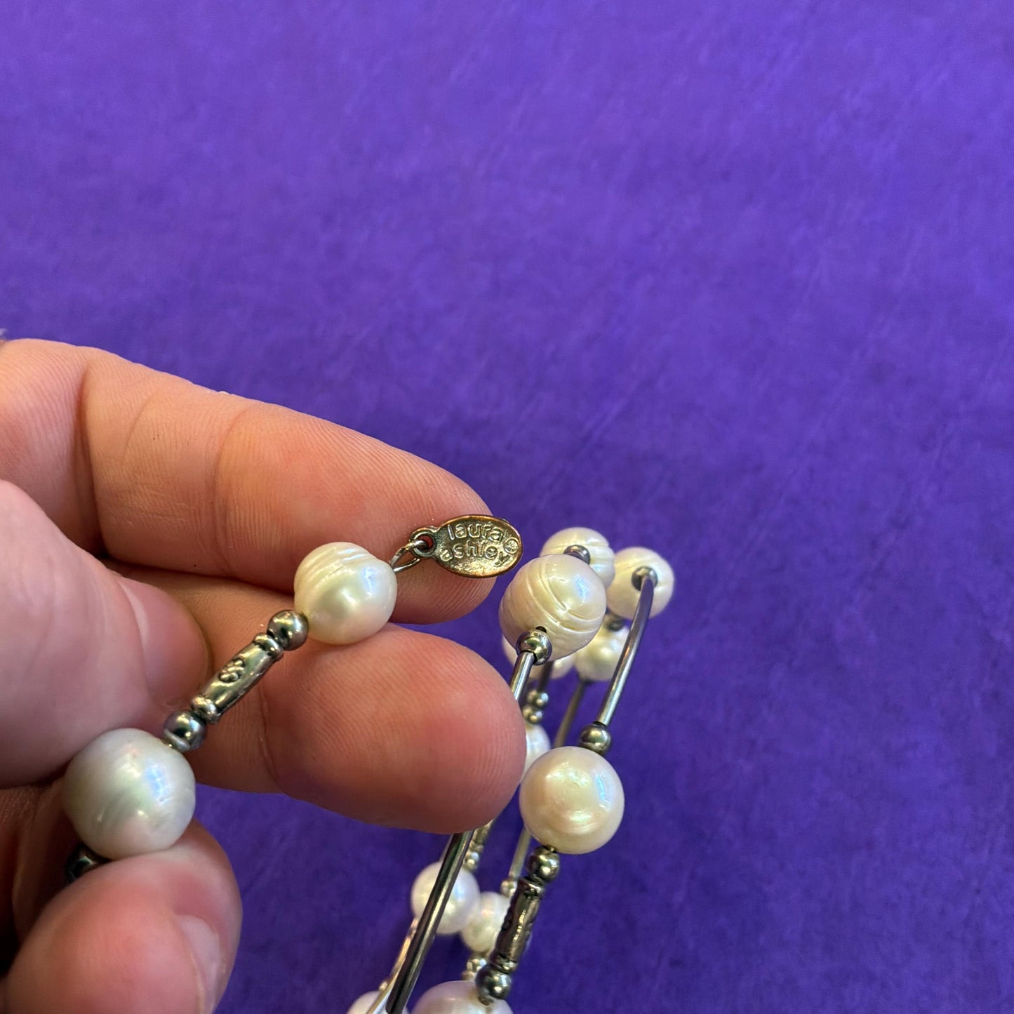 Vintage Laura Ashley Ivory Freshwater Pearl and Silver Tone MEtal Coiled Bracelet