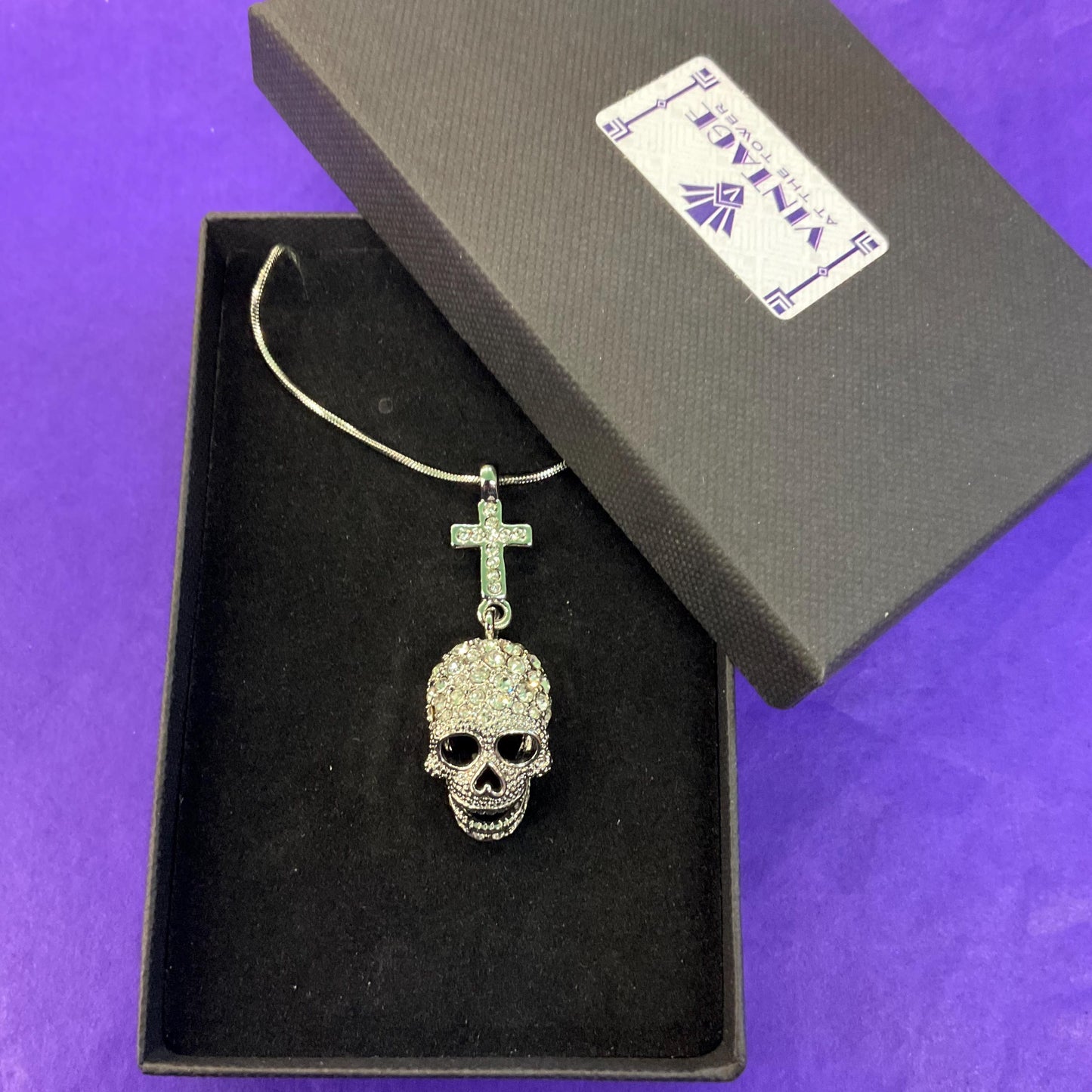 Vintage Butler and Wilson Crystal Skull and Cross Pendant, Silver tone with rhinestones