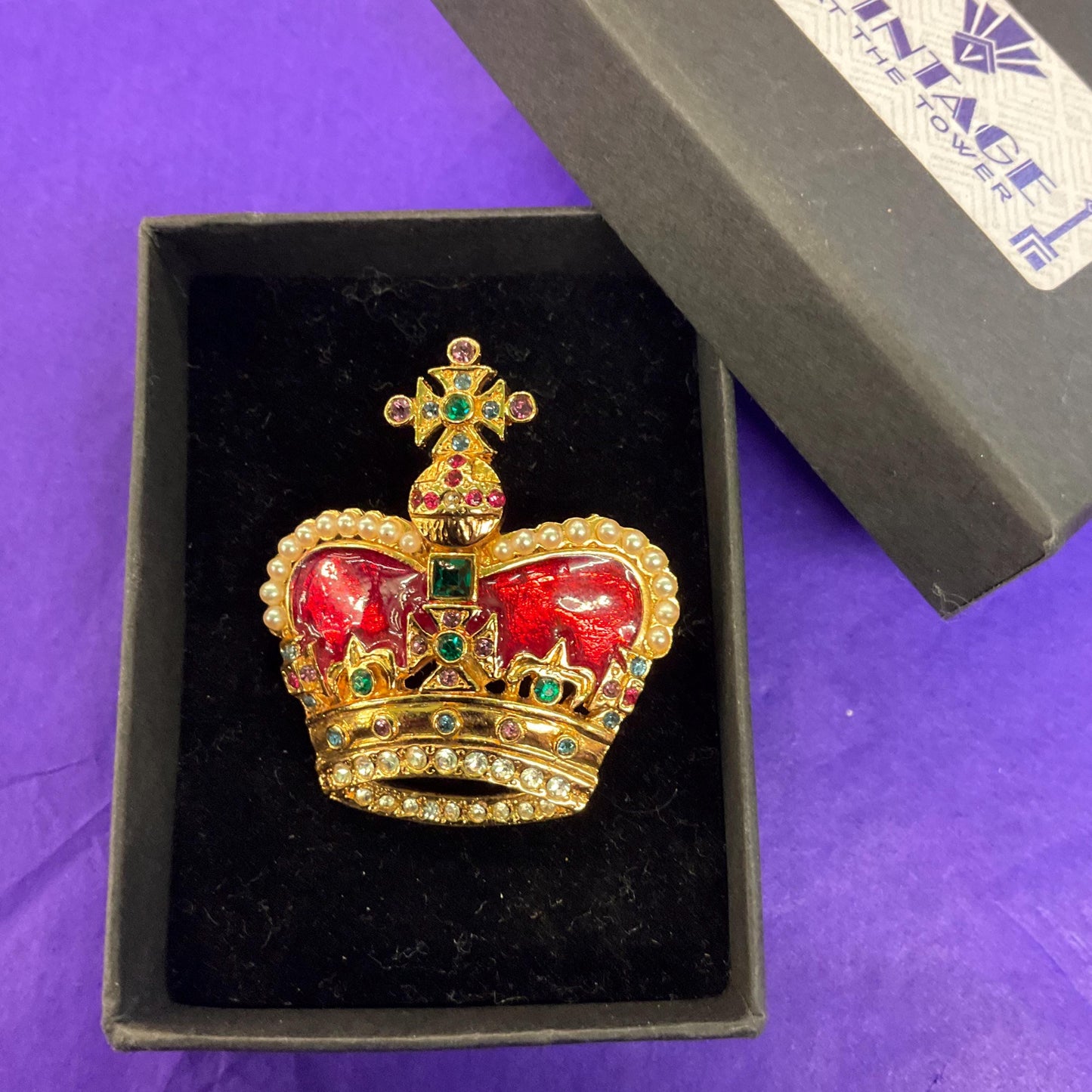 Vintage Butler and Wilson Crystal Crown Brooch, Gold tone with red enamel and multicoloured rhinestones