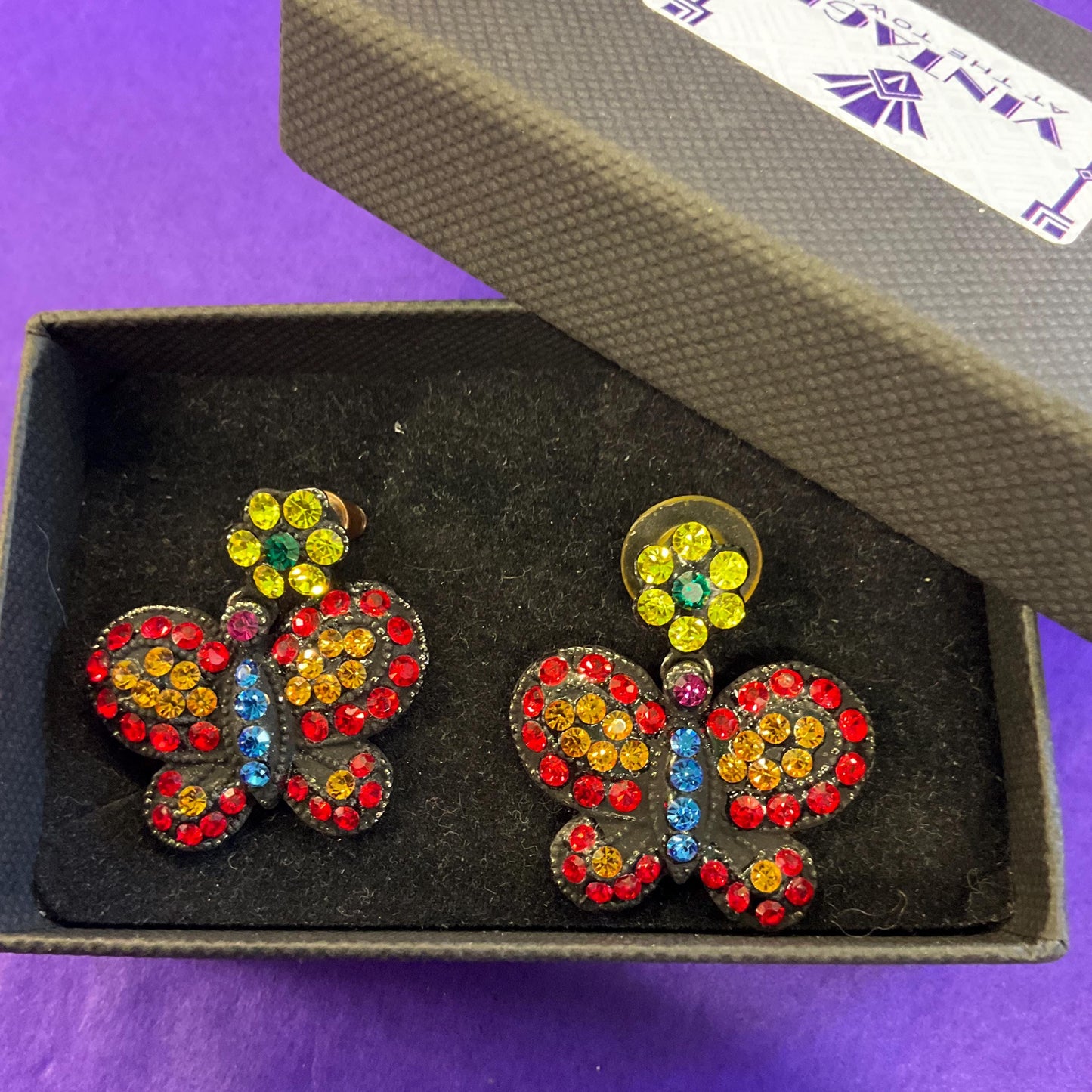 Vintage Butler and Wilson Bohemian Butterfly Rainbow Crystal Earrings, Black coated metal with vibrant coloured rhinestones