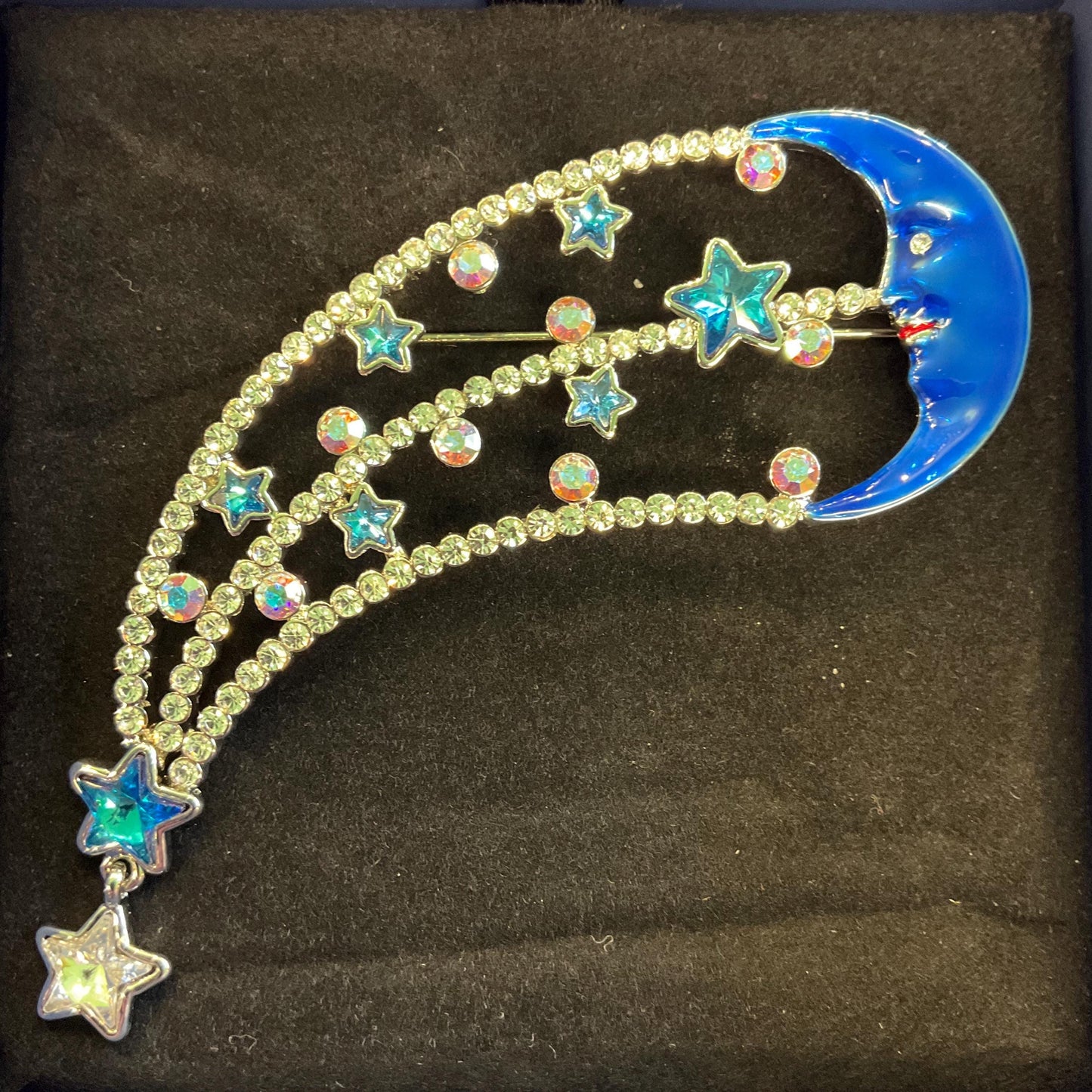 Vintage Butler and Wilson Blue and Silver Statement Moon and Stars Crystal Brooch, Blue Enamel, Turquoise Stars and Borealis rhinestones