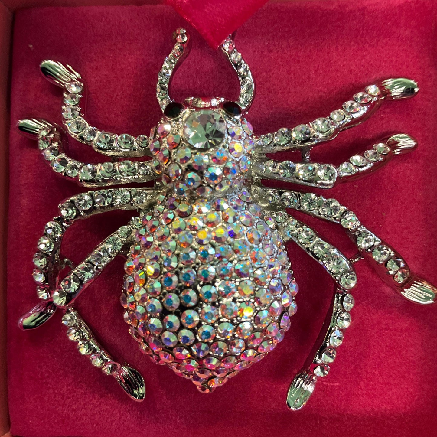 Vintage Butler and Wilson Large Crystal Spider Brooch, Silver tone with silver and Aurora Borealis Rhinestones