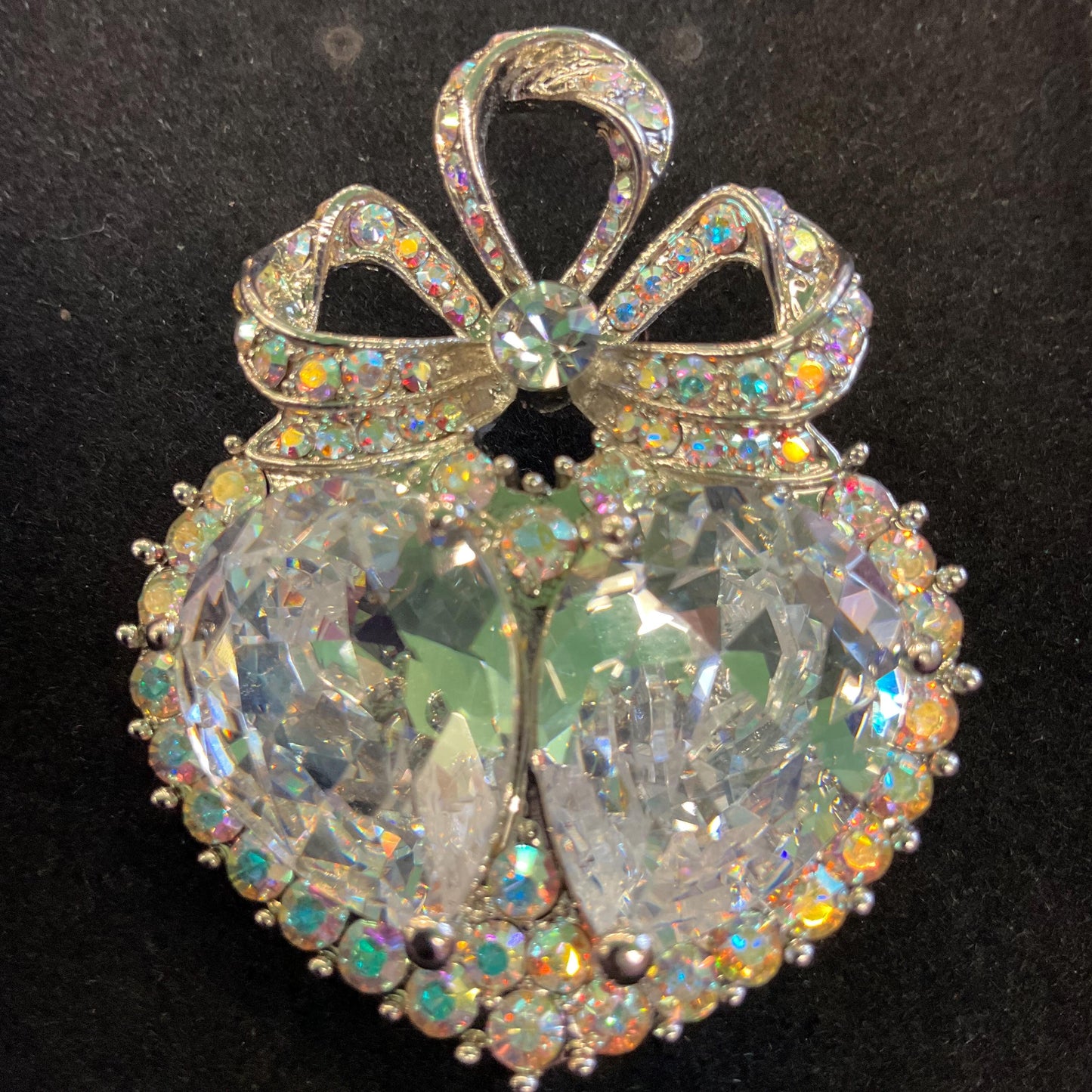 Vintage Butler and Wilson Large Crystal Heart and Bow Brooch , Silver tone with silver crystals and Aurora Borealis Rhinestones