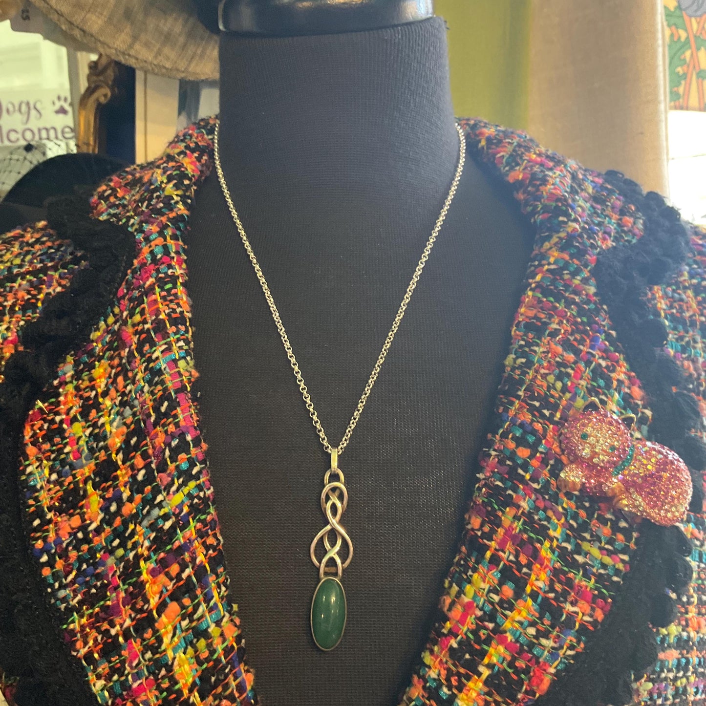 Vintage Silver (925) and Nephride Jade Large Celtic Style Pendant, Artisan made with a silver plated belcher chain
