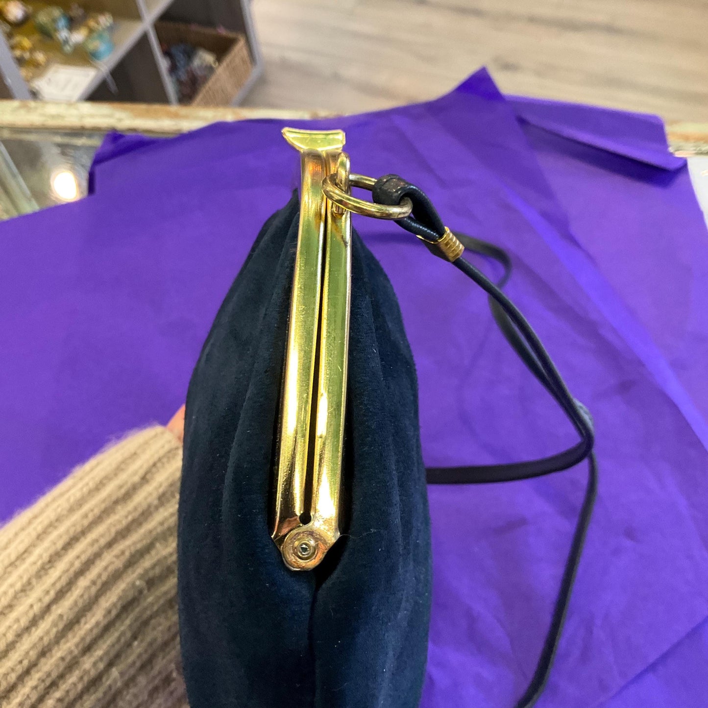 Vintage 1960s/70s Blue Genuine Suede Shoulder Bag with Gold Tone Frame