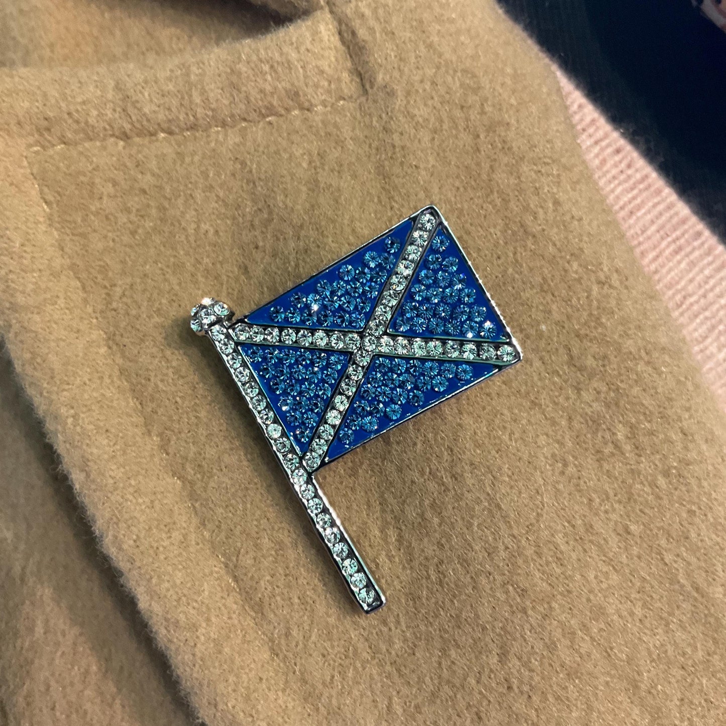 Vintage Butler and Wilson St Andrews Scottish Flag Crystal Brooch/ Lapel pin, Silver tone with silver and Blue rhinestones