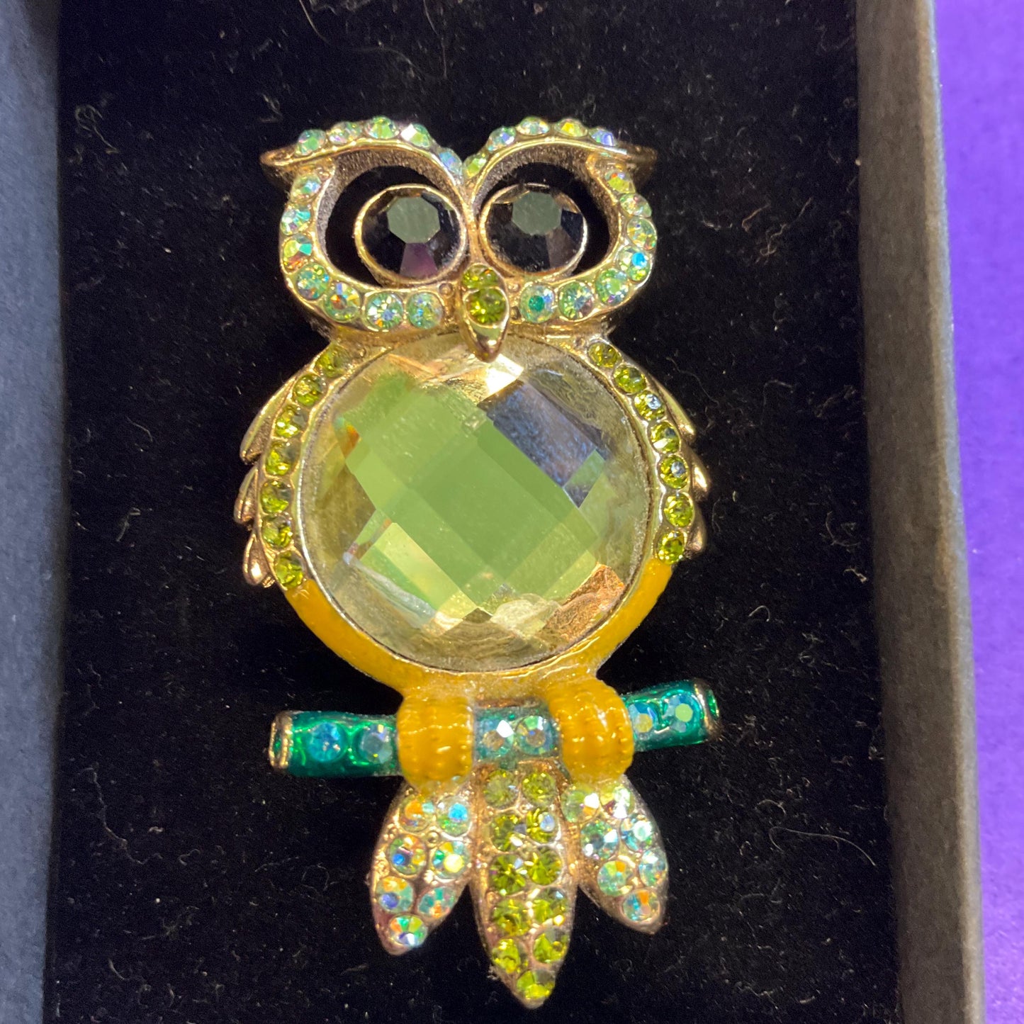 Vintage Butler and Wilson Crystal Owl Brooch, Gold Tone with Green Borealis Crystal and rhinestones