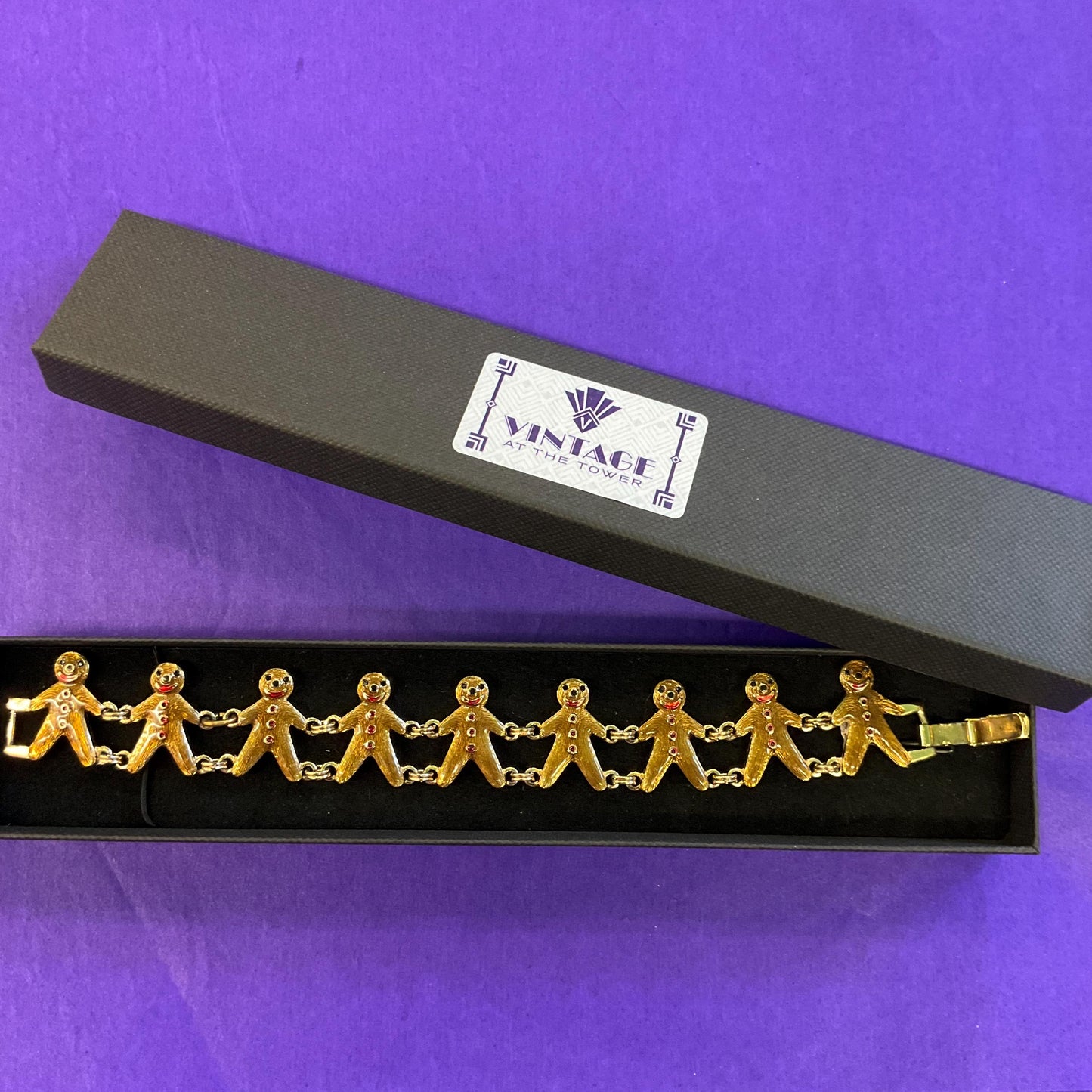 Vintage Butler and Wilson Gold Tone Enamel Gingerbread Man Bracelet, Signed as new