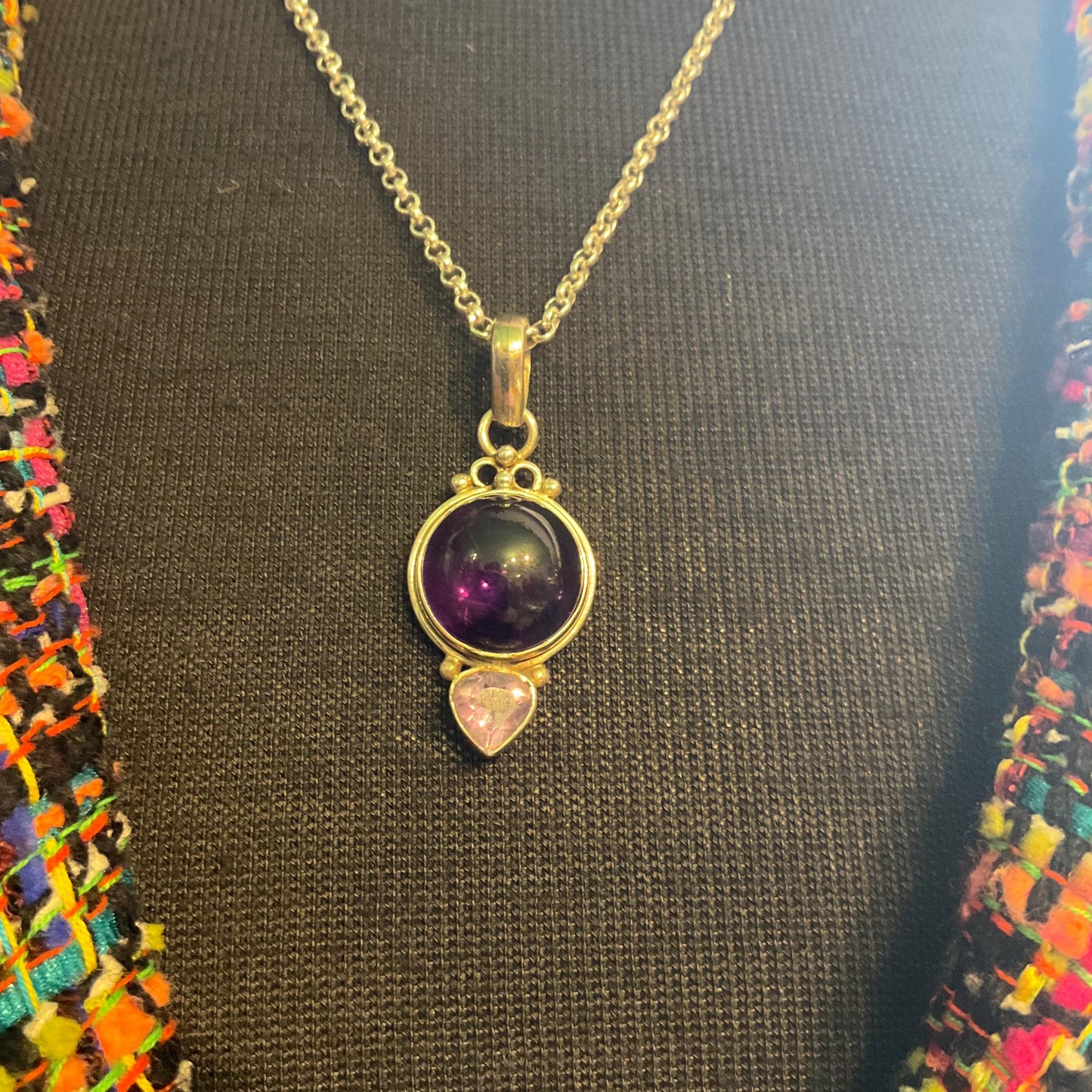 Vintage Amethyst and Silver (925) Pendant, Artisan made with new silver plated chain