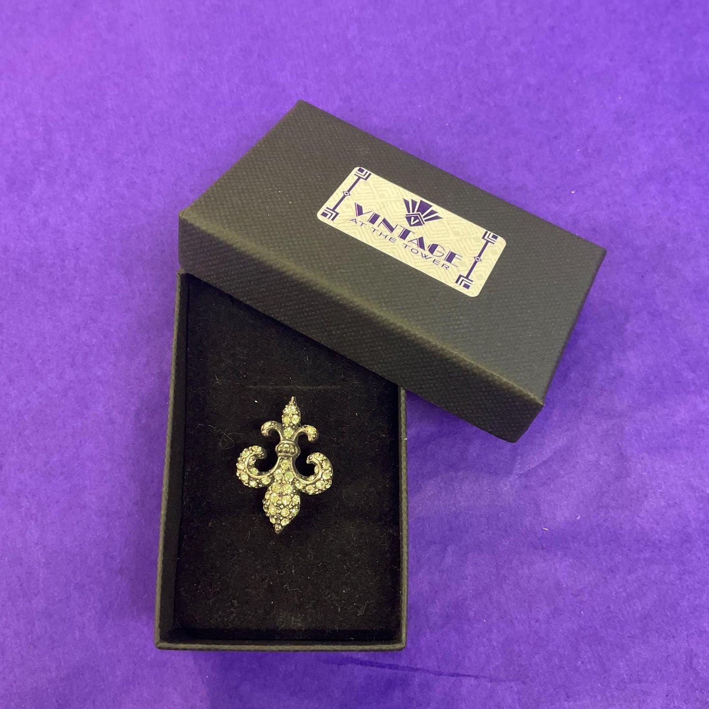Vintage Butler and Wilson Small Fleur De Lys Brooch, Dark Pewter Tone with Silver Crystals