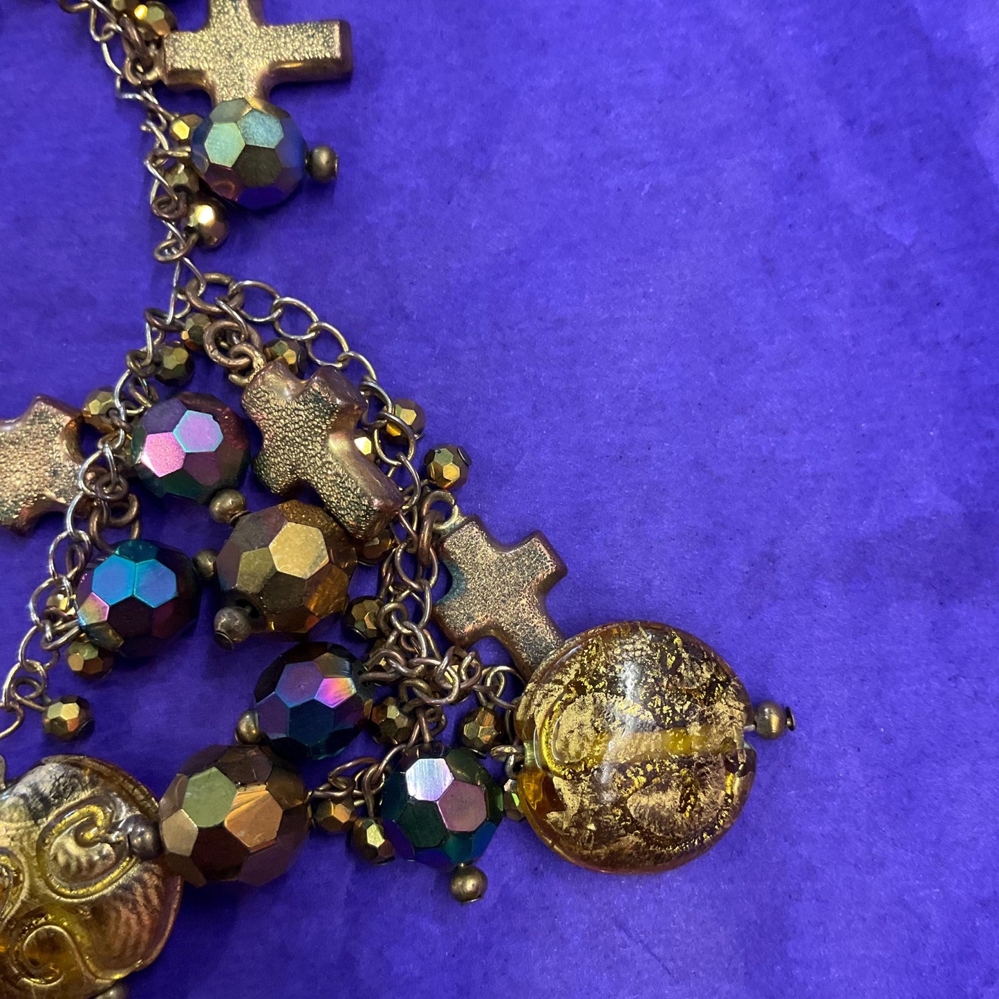 Vintage Butler and Wilson Bohemian Peacock Borealis Crystal and Gold Tone Foiled Glass ‘Y’ Drop Tassled Necklace