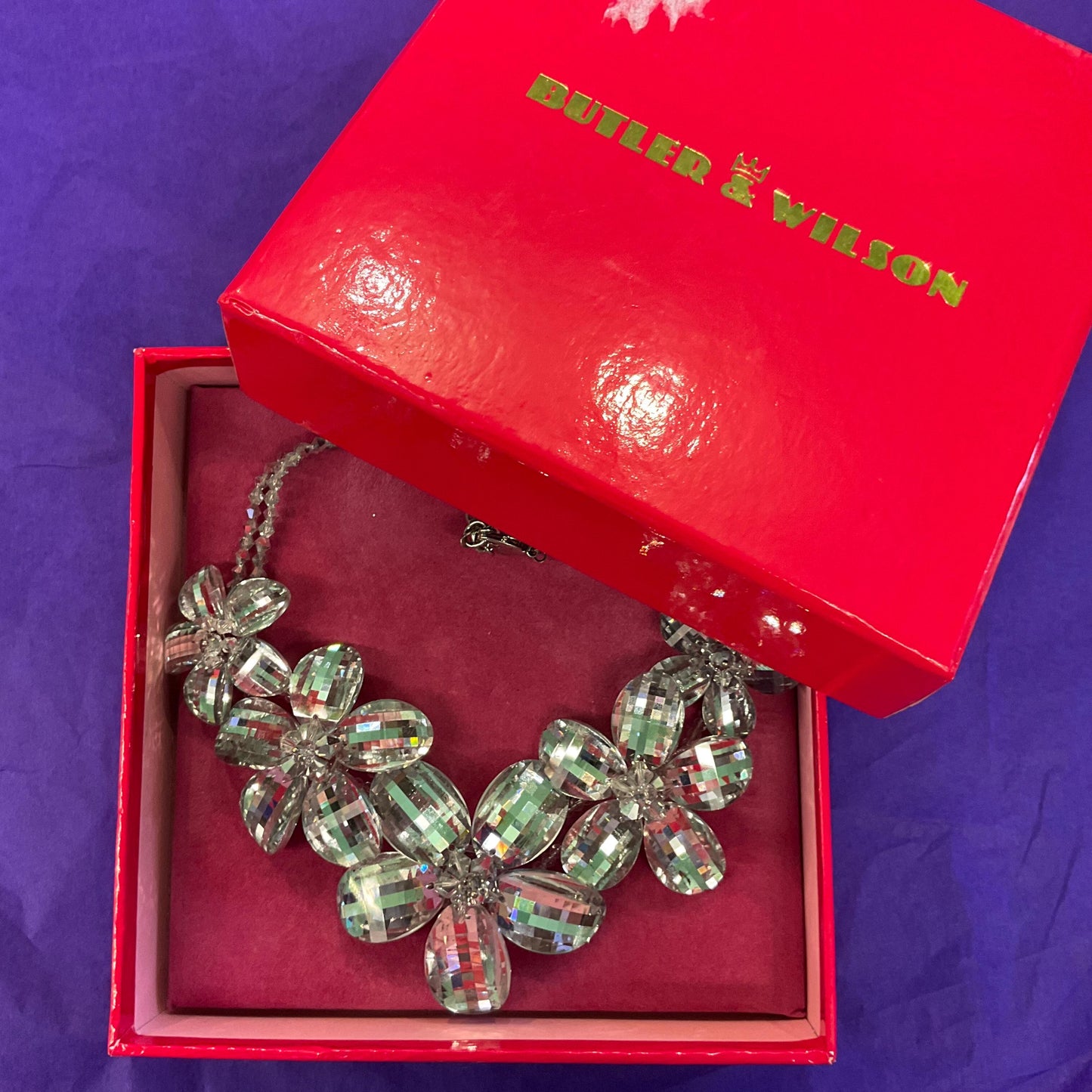 Vintage Butler and Wilson Statement Silver Checkerboard Cut Crystal Floral Necklace, signed in Original Box