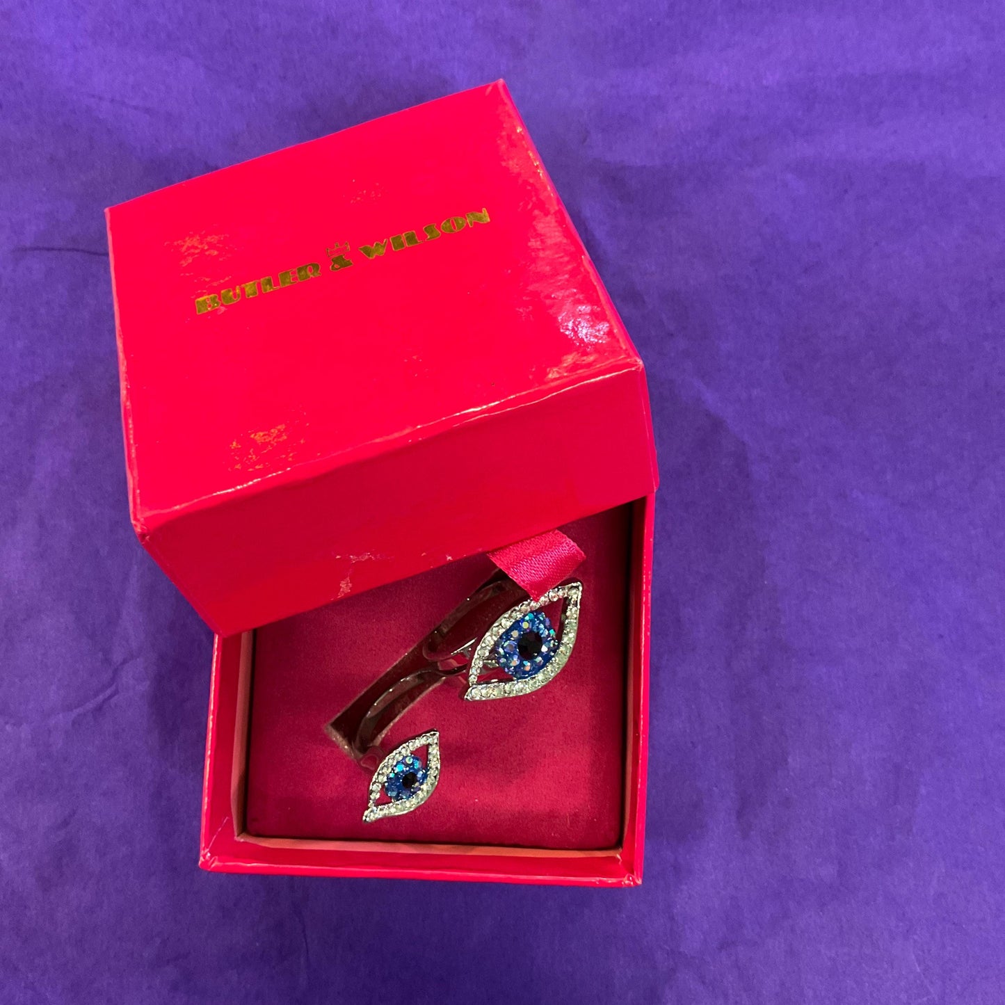 Vintage Butler and Wilson Crystal Eye Double Adjustable Ring, Silver , Blue Borealis and Black Crystal, From Size UK R, US 8.75