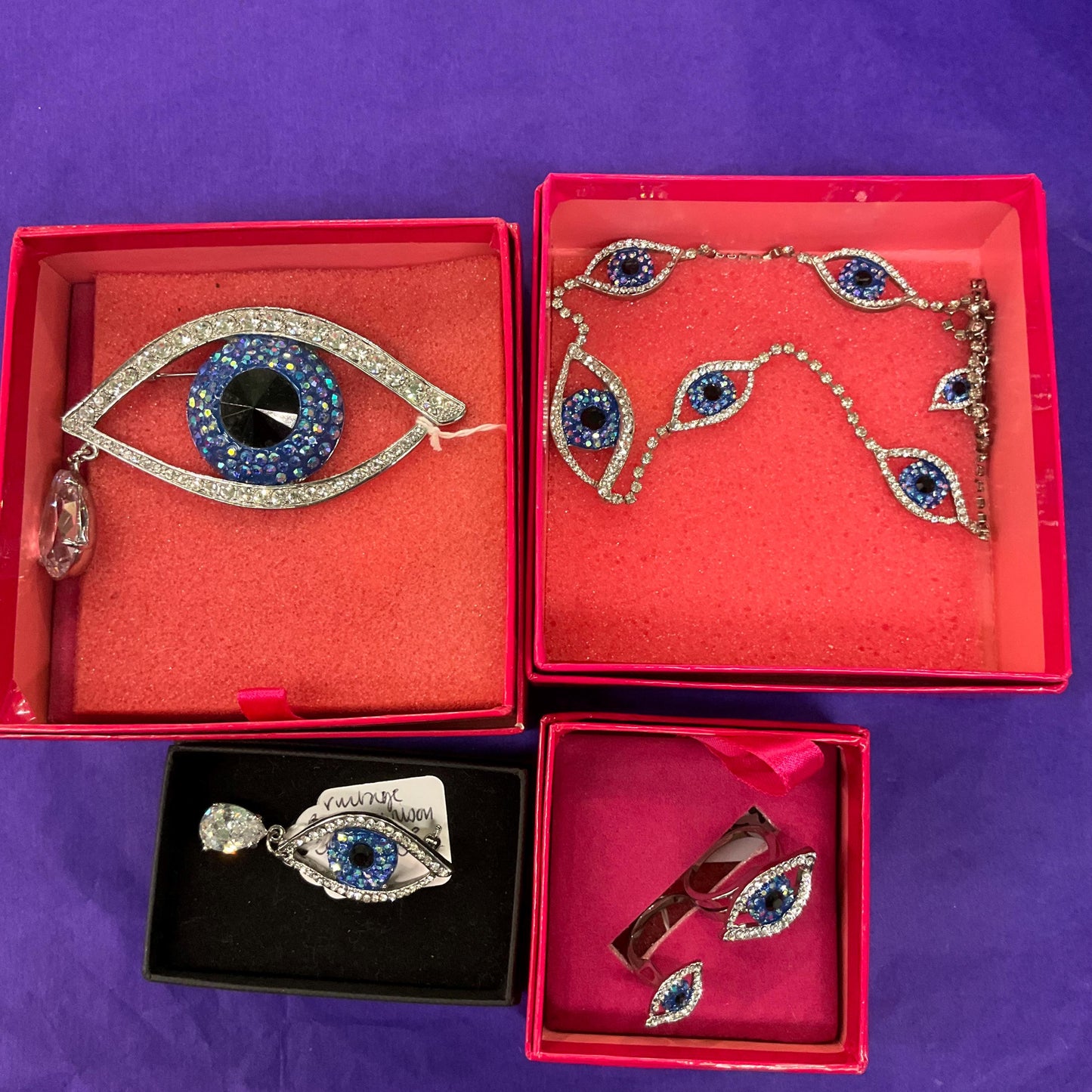 Vintage Butler and Wilson Crystal Eye Necklace, Silver Rhinestones with Blue Borealis and Black Crystals
