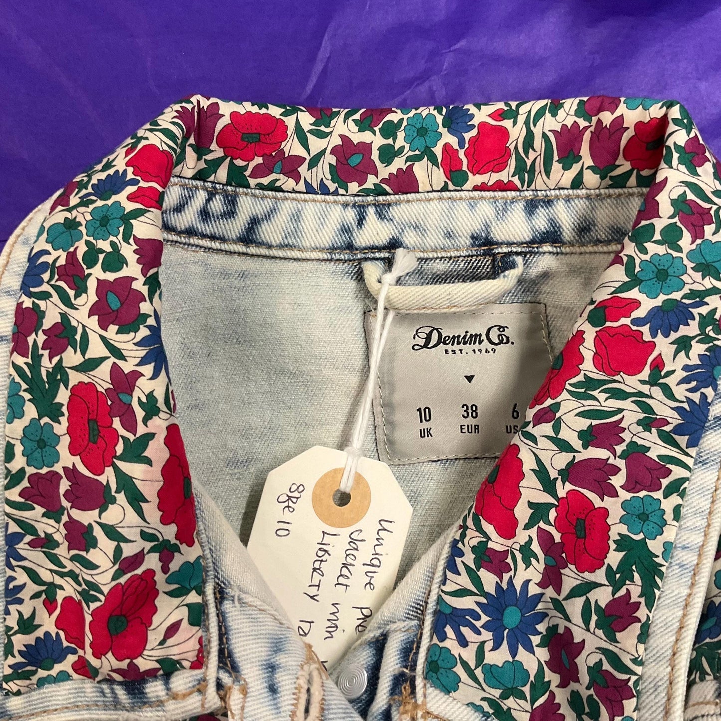 Up- cycled Unique Vintage Distressed Denim Jacket with Liberty’Poppy and Daisy’ Tana Lawn, Size UK 10