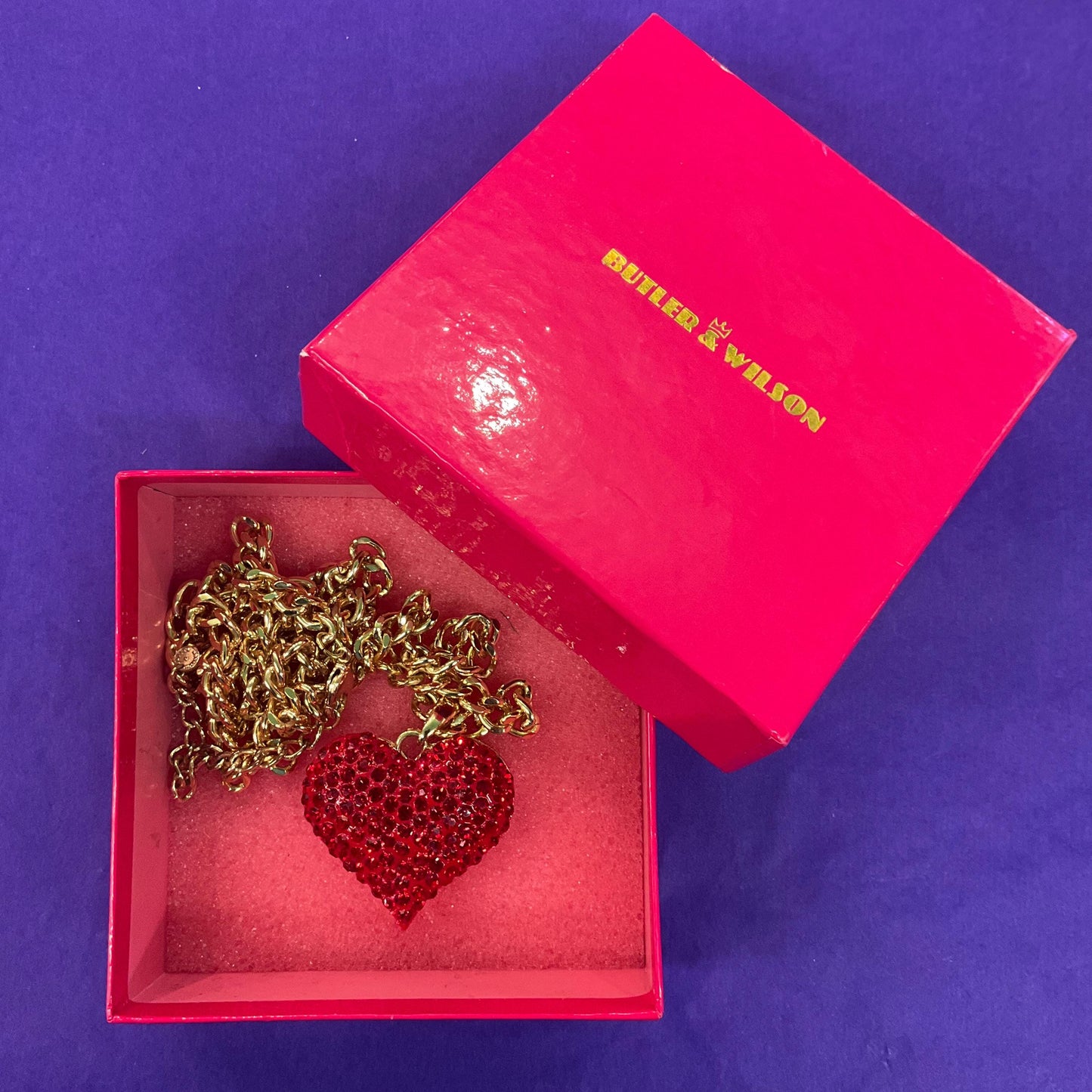 Vintage Butler and Wilson Red Crystal Heart Long Pendant, Gold Tone with Rhinestone Crystals and Curb Chain