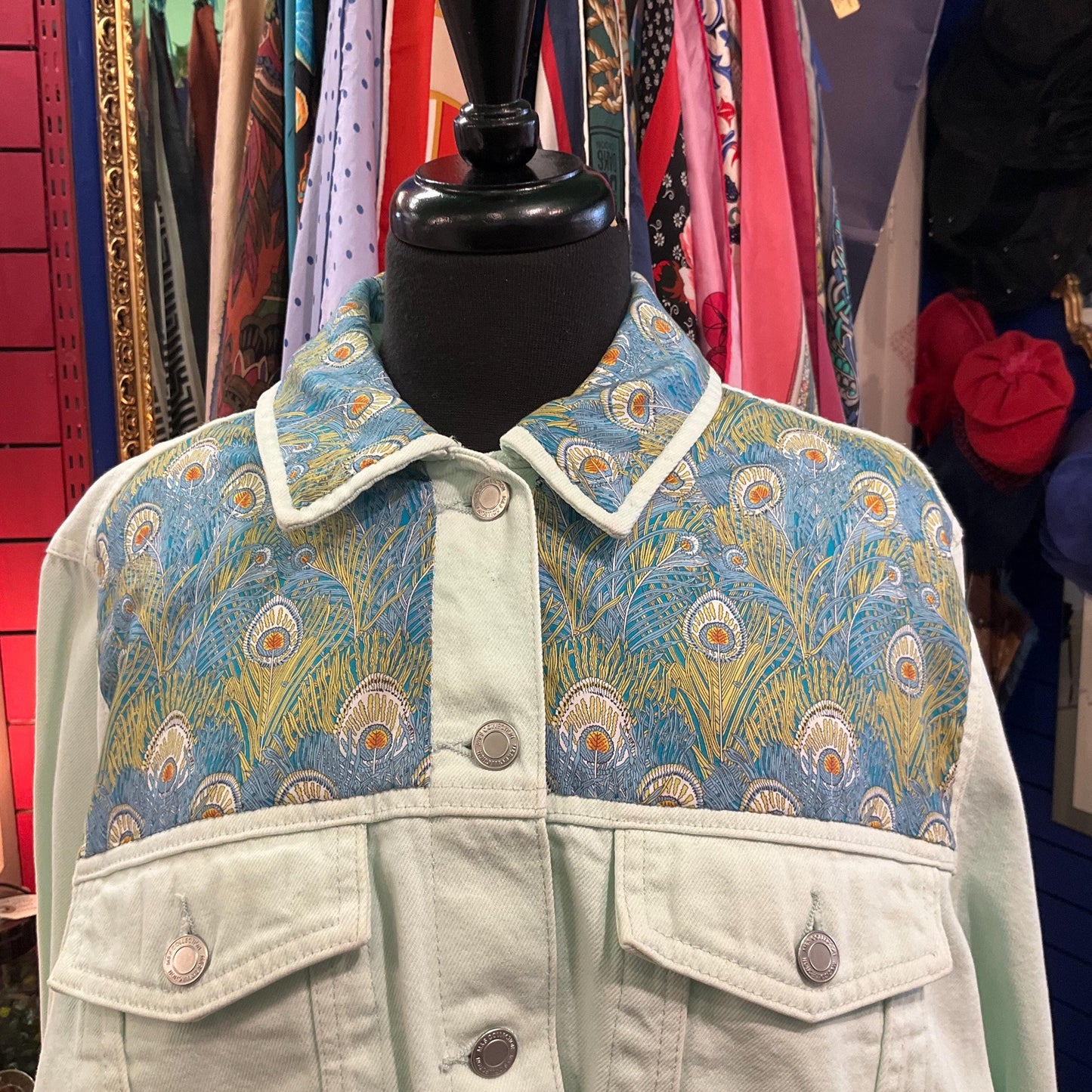 Unique Up Cycled Vintage Unworn Pale Green Denim Jacket with Liberty ‘Hera’ Peacock Feather Tana Lawn , Original tags, Size Uk 24