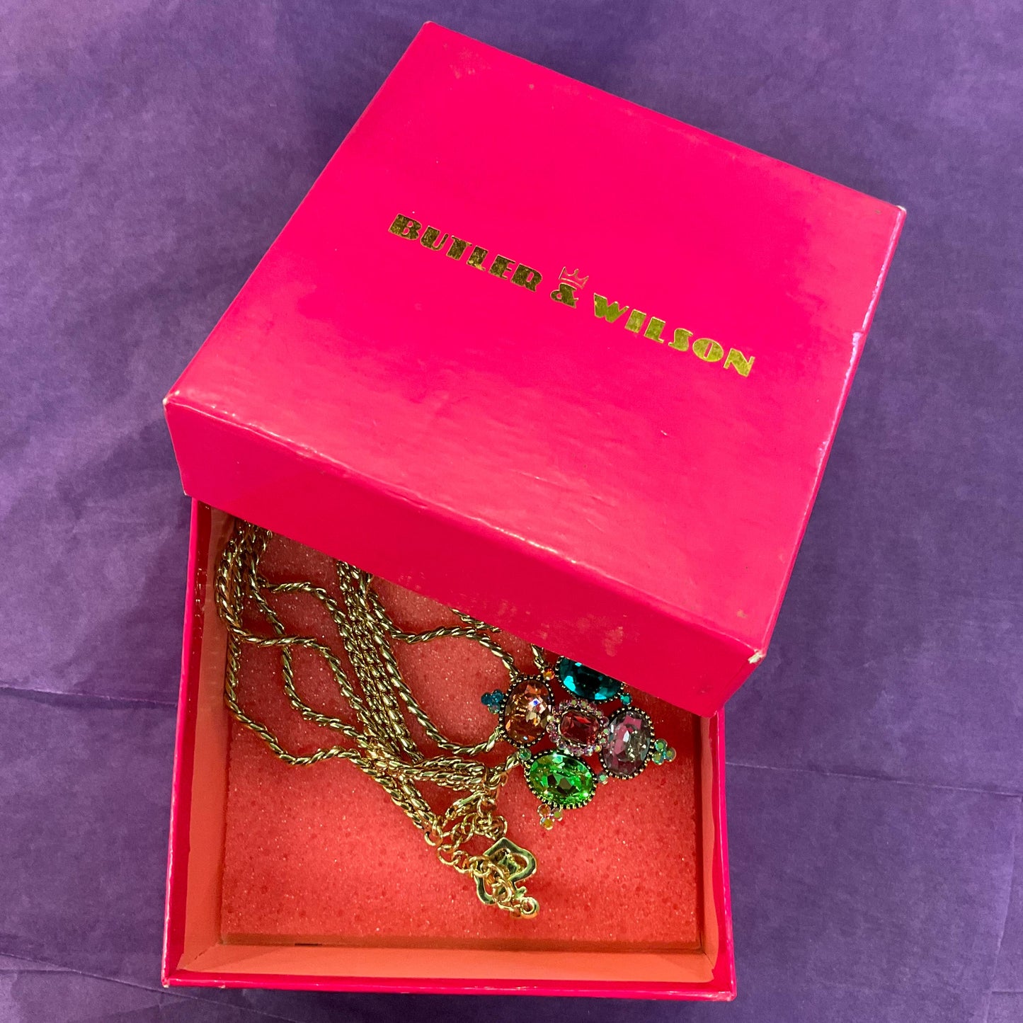 Vintage Butler and Wilson Rainbow Crystal Diamond Necklace , Gold tone with facted crystals and Aurora Borealis rhinestones