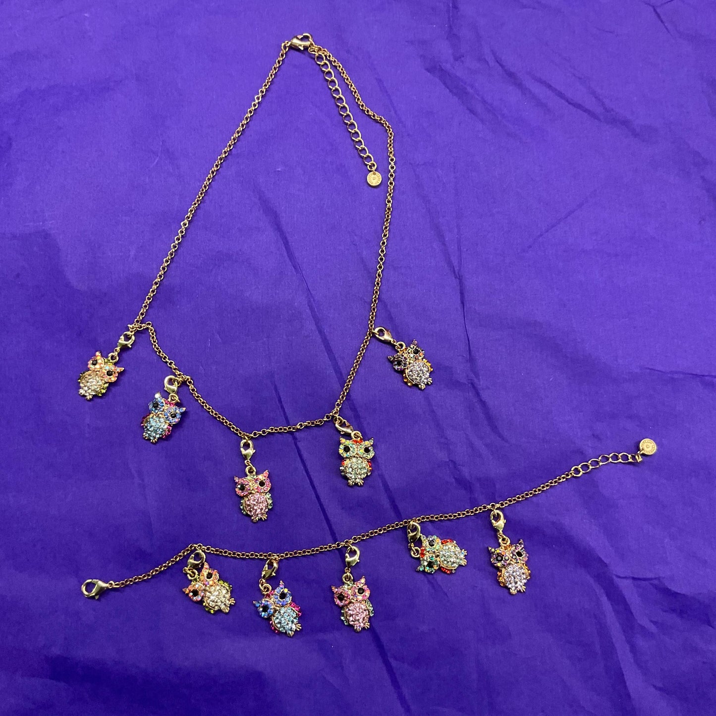 Vintage Butler and Wilson Rainbow Crystal Owl Charm Bracelet, gold tone with multicolored pastel borealis rhinestones