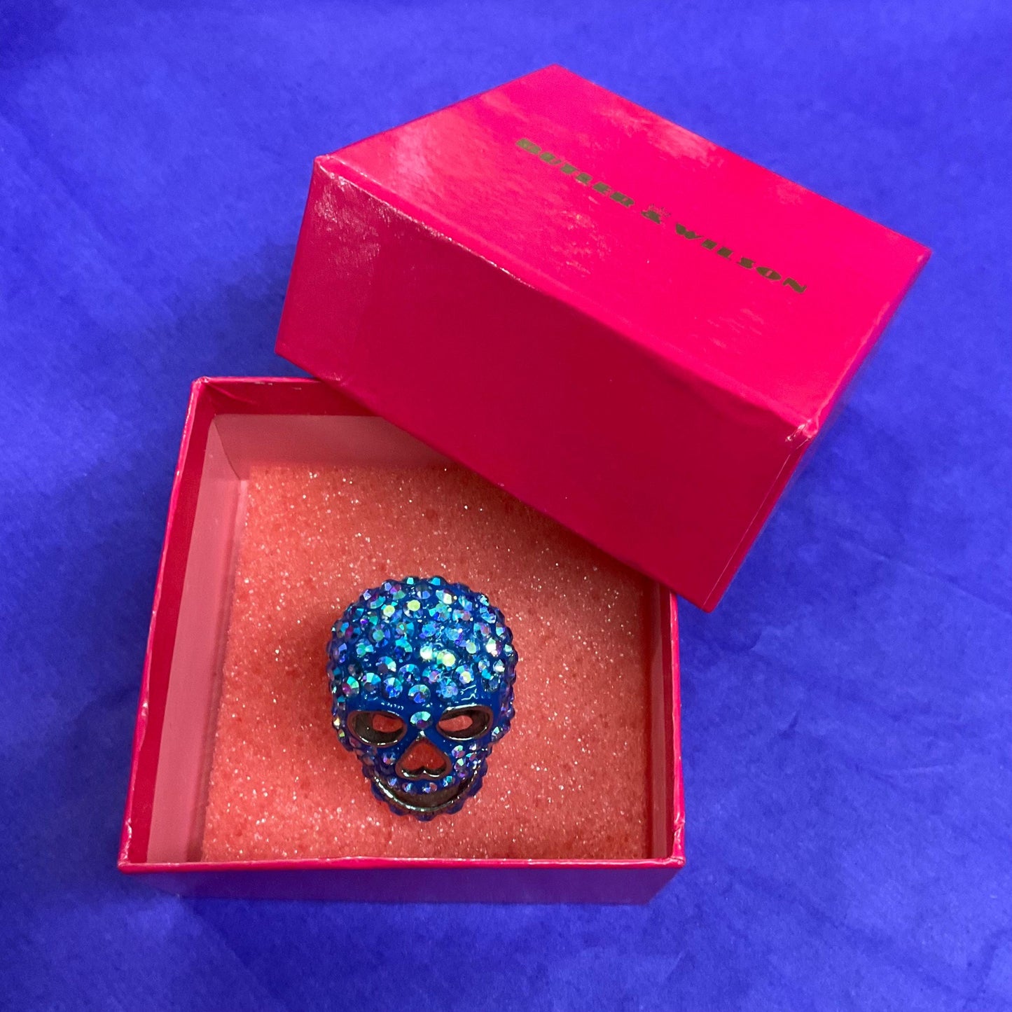 Vintage Butler and Wilson Blue Crystal Skull Statement Ring, Borealis blue rhinestones, Adjustable from size UK ‘O’, US size 7.25
